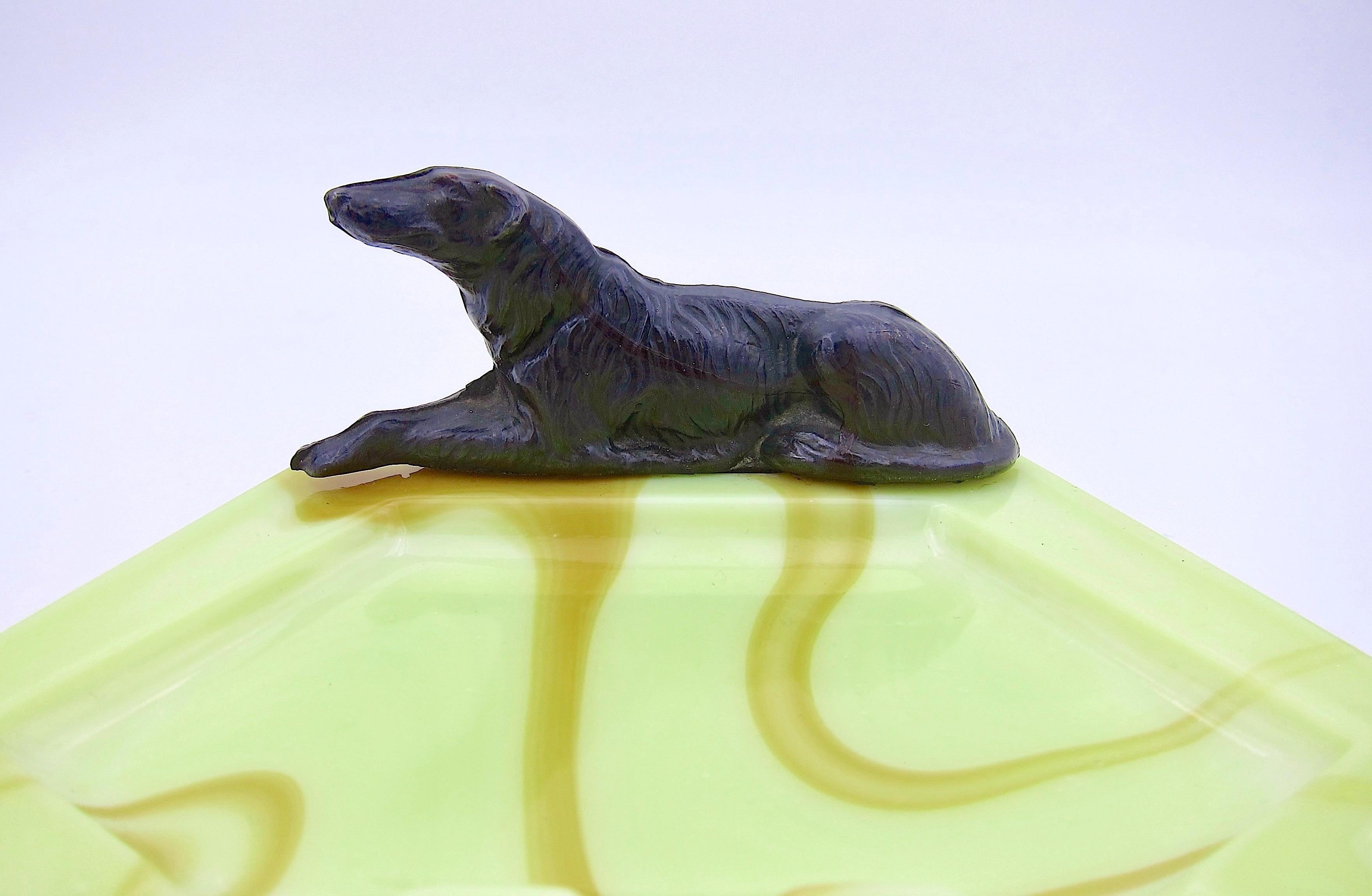 Art Deco Ashtray or Catchall Dish in Marbleized Glass with Metal Borzoi Hound In Good Condition In Los Angeles, CA