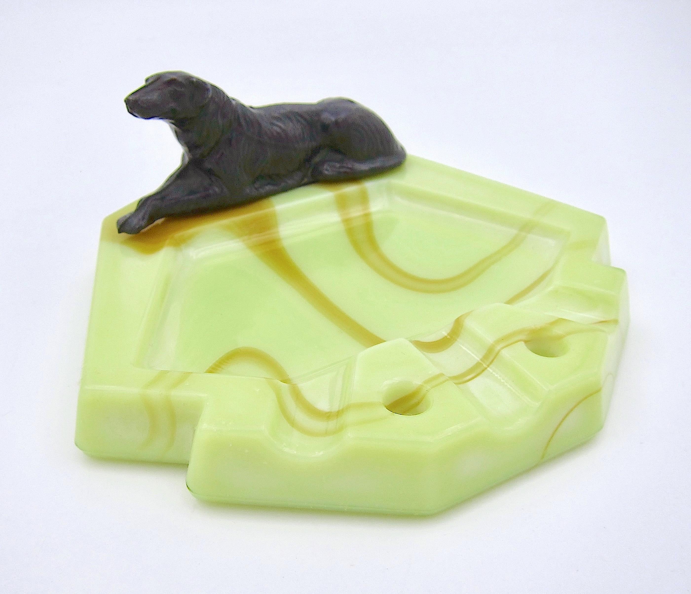 Mid-20th Century Art Deco Ashtray or Catchall Dish in Marbleized Glass with Metal Borzoi Hound