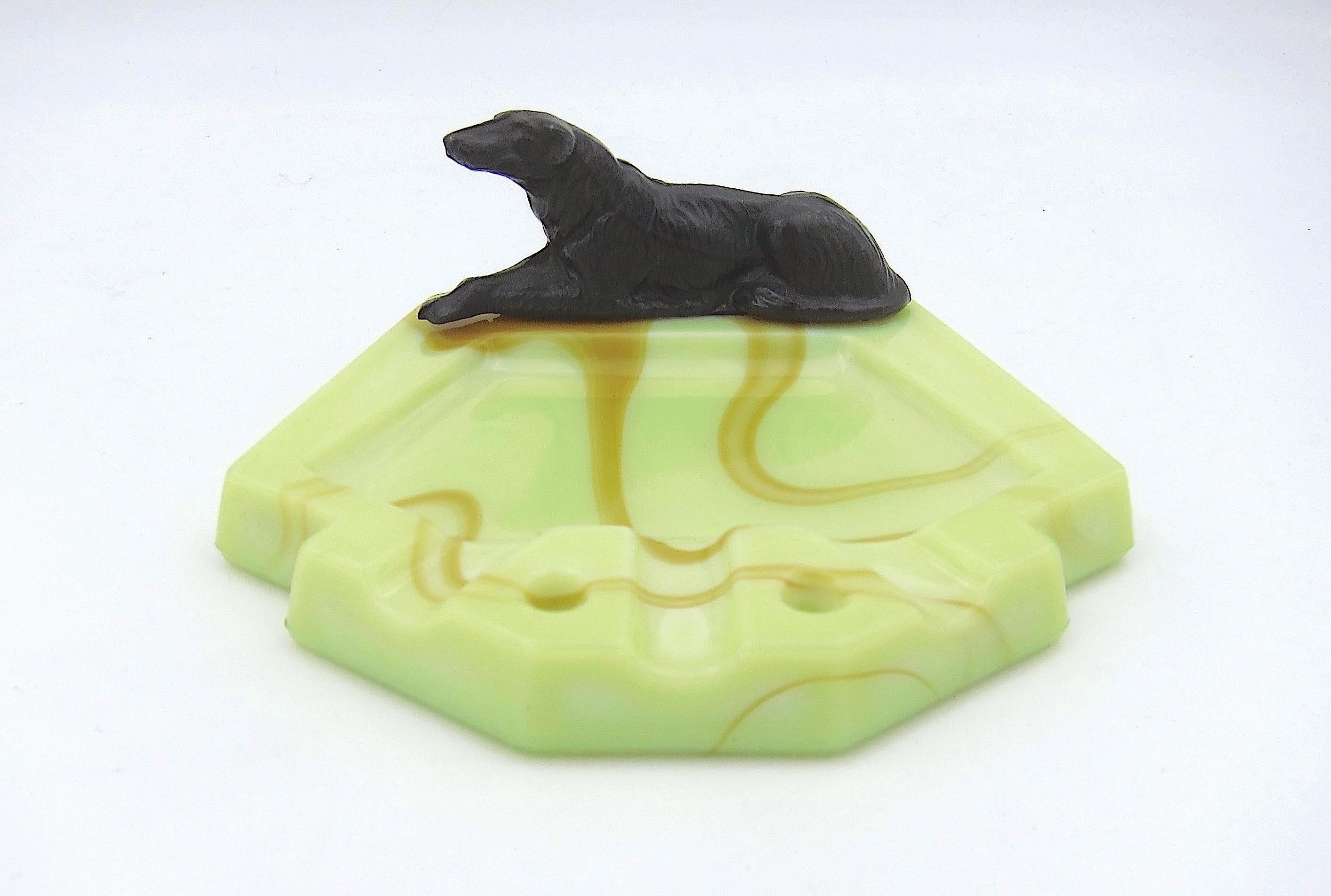 Art Deco Ashtray or Catchall Dish in Marbleized Glass with Metal Borzoi Hound 1