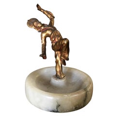 Antique Art Deco Ashtray/Ring Tray with Female Harlequin Dancer Statue by Frankart
