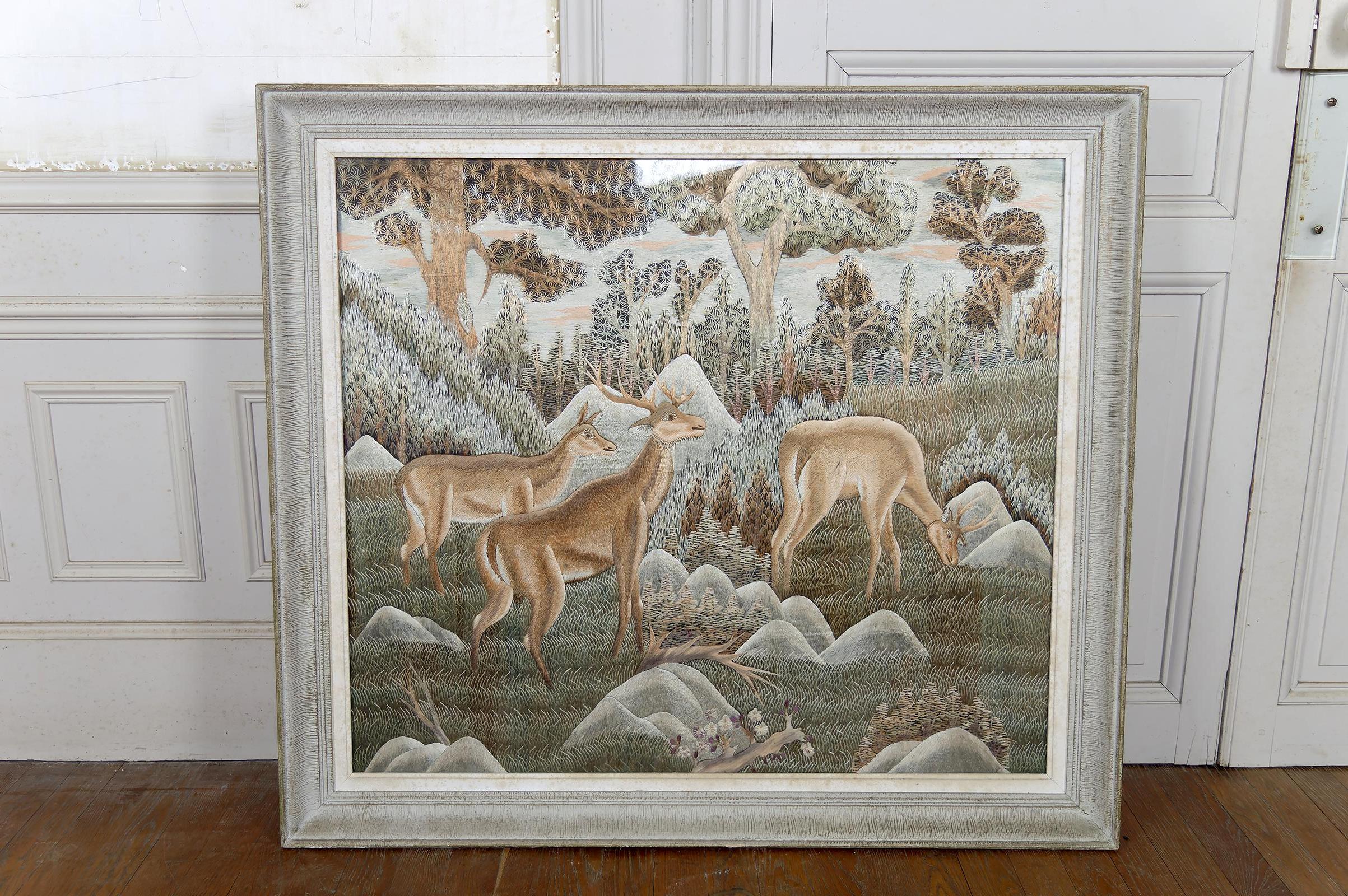 Vietnamese Art Deco Asian Silk Embroidery Hanging, Framed, 
