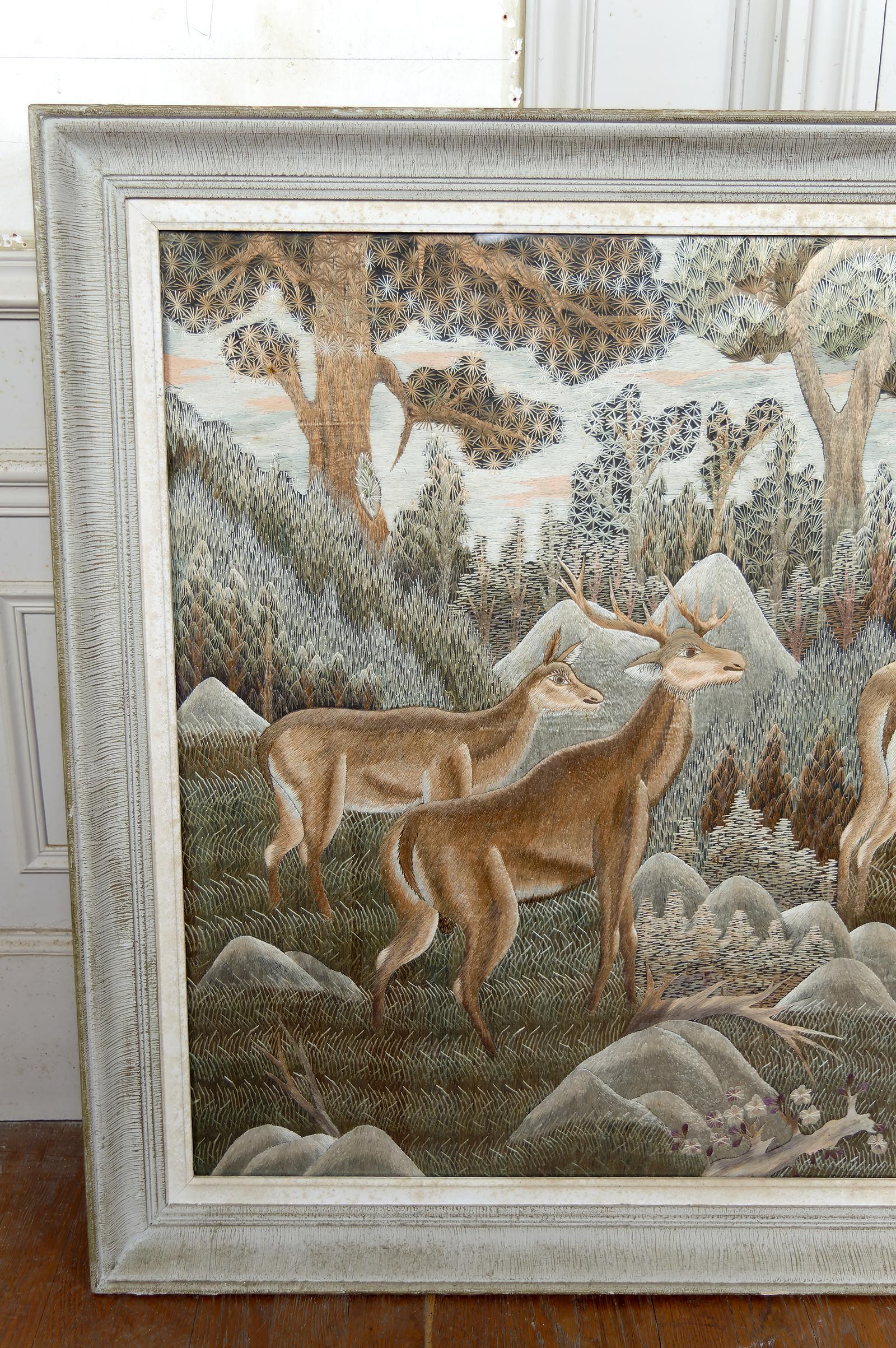 Fabric Art Deco Asian Silk Embroidery Hanging, Framed, 