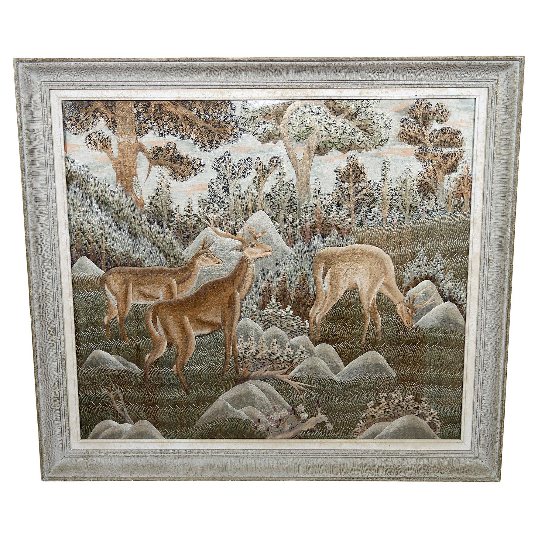 Art Deco Asian Silk Embroidery Hanging, Framed, "Deer in the Forest", Circa 1940 For Sale