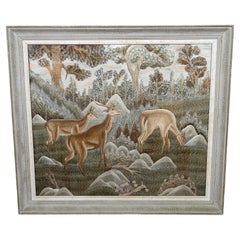Hänge-Seidenstickerei im Art déco-Stil mit asiatischer Seidenstickerei, gerahmt, „ Hirsch im Wald“, um 1940