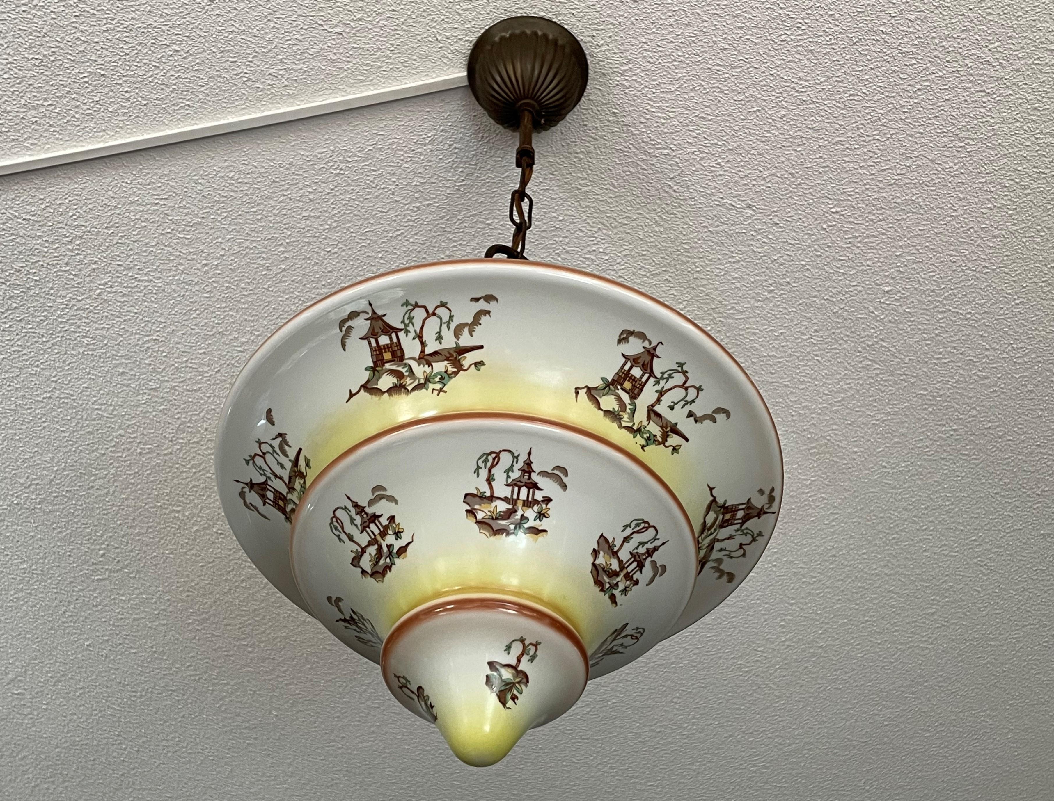 Art Deco Asian Style / Chinoiserie Pendant with Pagoda Graphics and Brass Canopy 6