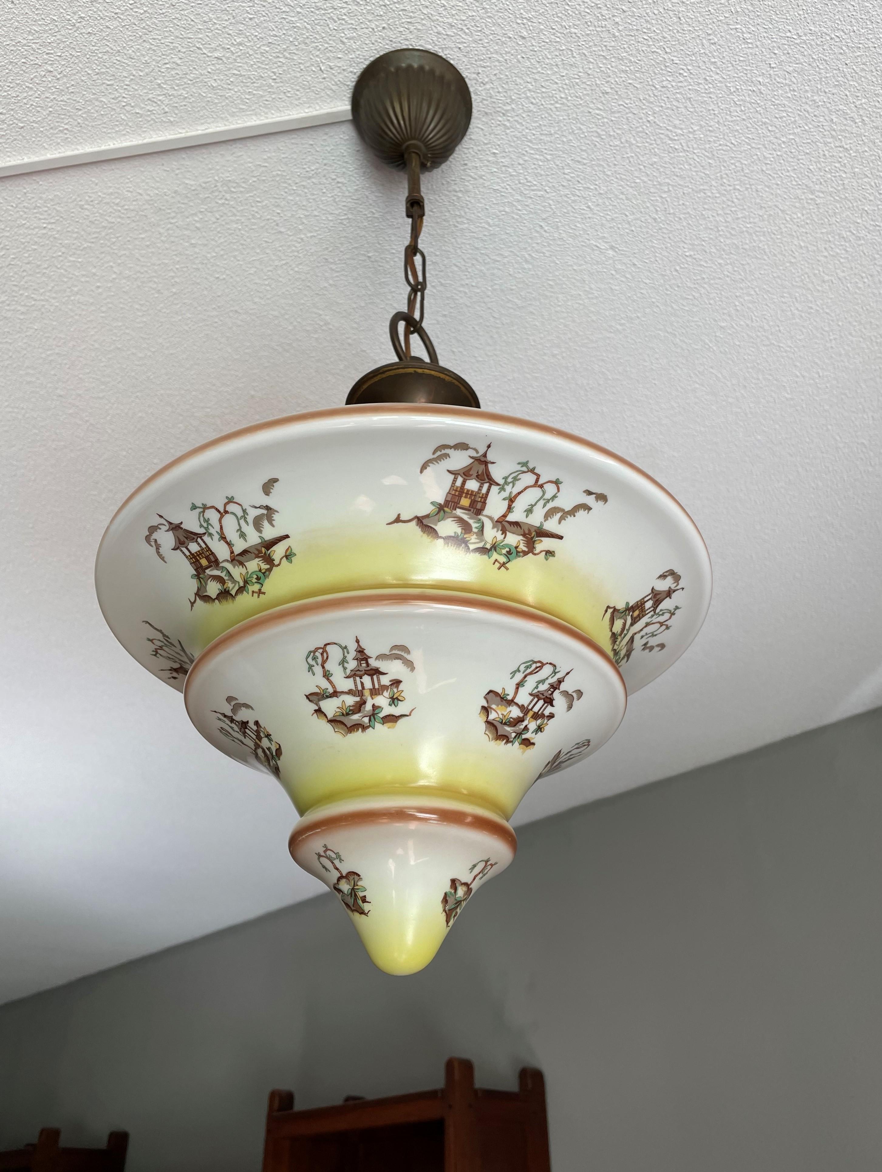 Art Deco Asian Style / Chinoiserie Pendant with Pagoda Graphics and Brass Canopy 12