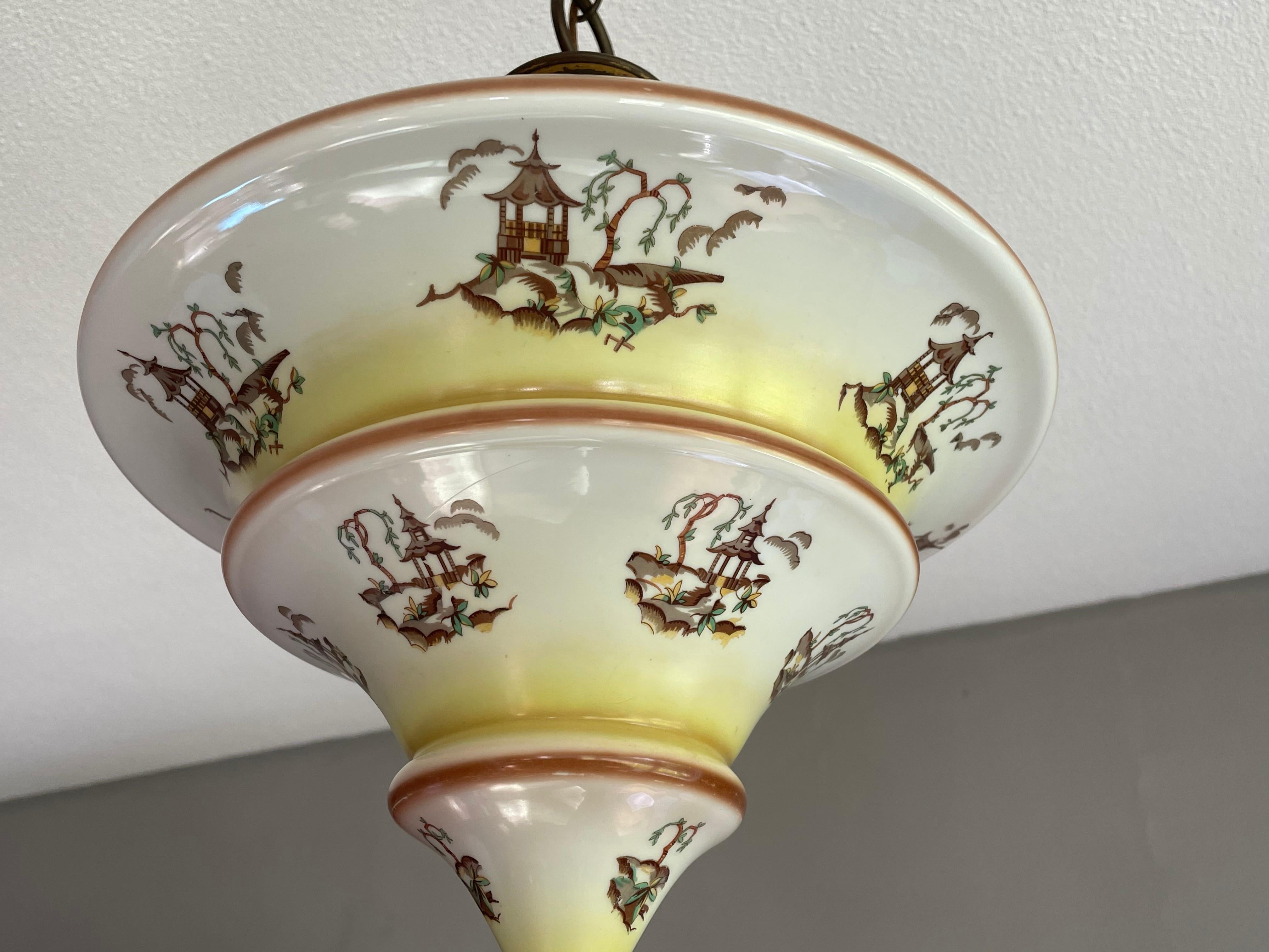 European Art Deco Asian Style / Chinoiserie Pendant with Pagoda Graphics and Brass Canopy