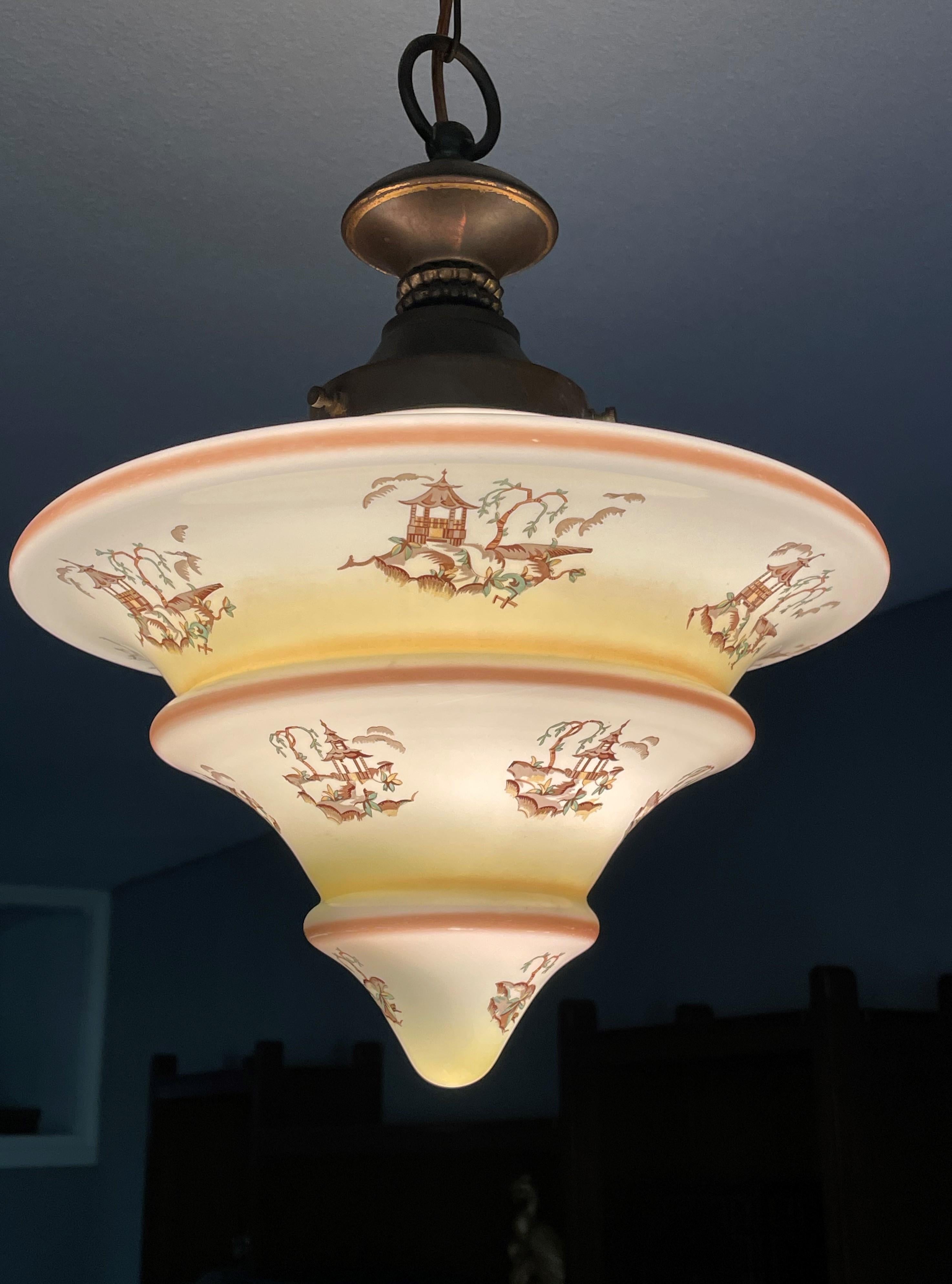 Hand-Crafted Art Deco Asian Style / Chinoiserie Pendant with Pagoda Graphics and Brass Canopy