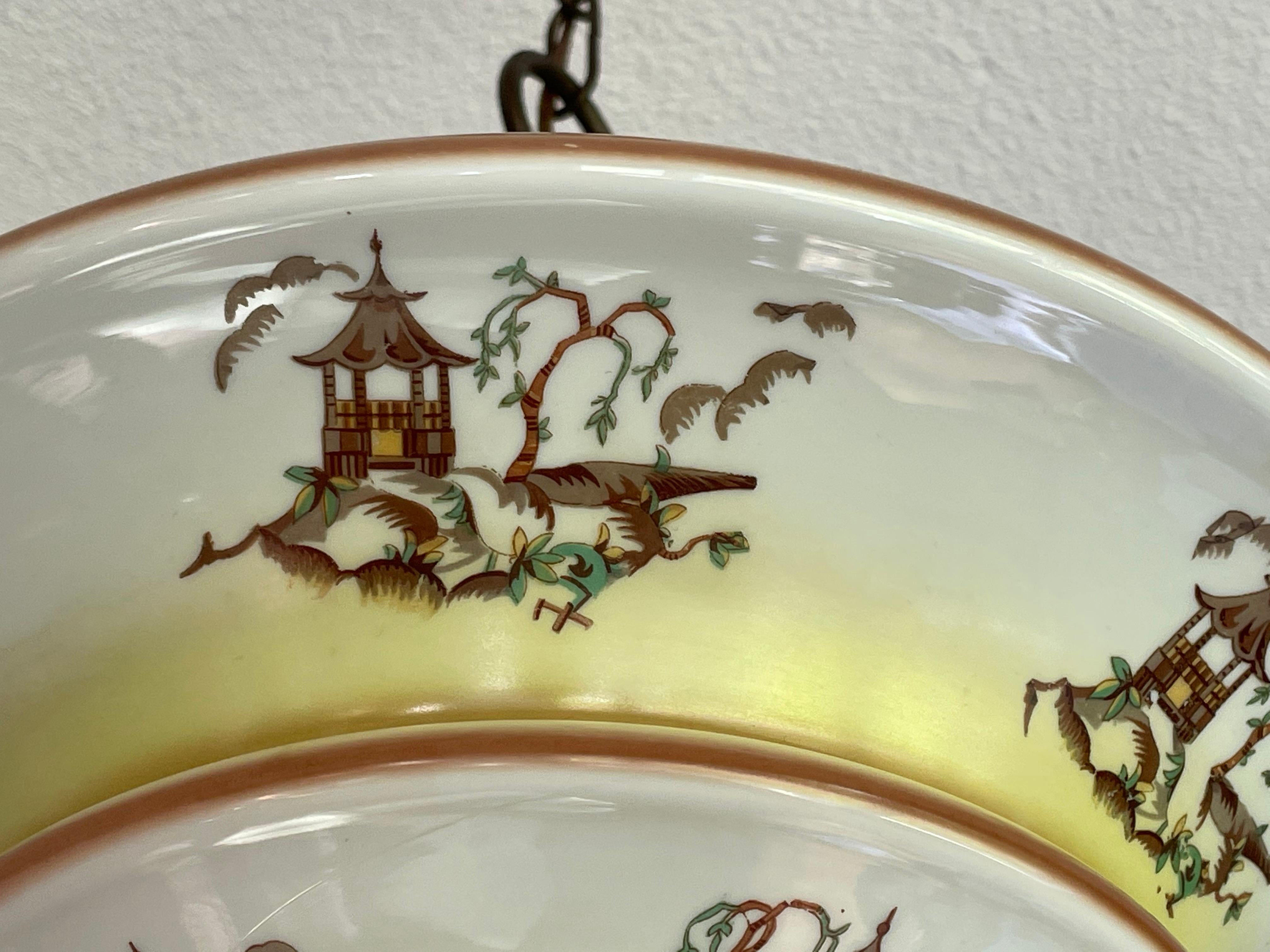 Art Deco Asian Style / Chinoiserie Pendant with Pagoda Graphics and Brass Canopy In Good Condition In Lisse, NL
