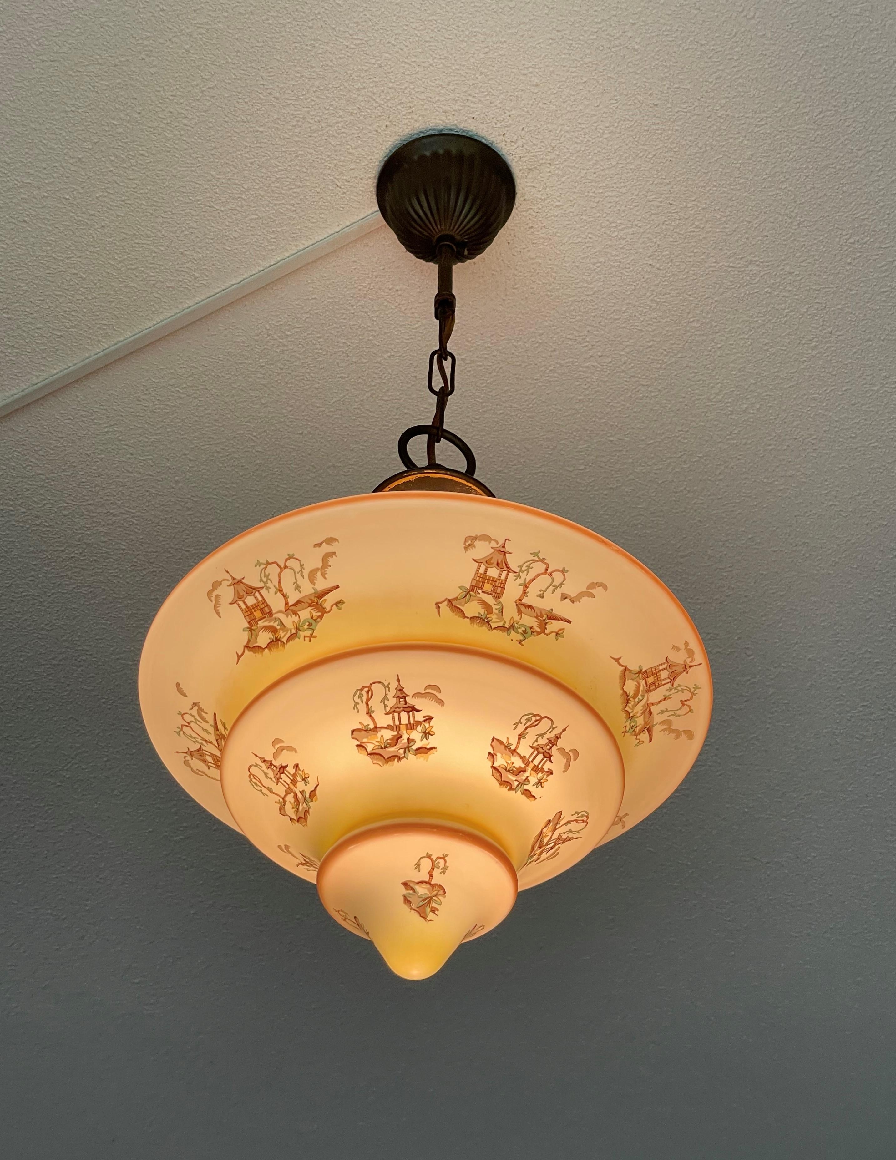Art Deco Asian Style / Chinoiserie Pendant with Pagoda Graphics and Brass Canopy 2