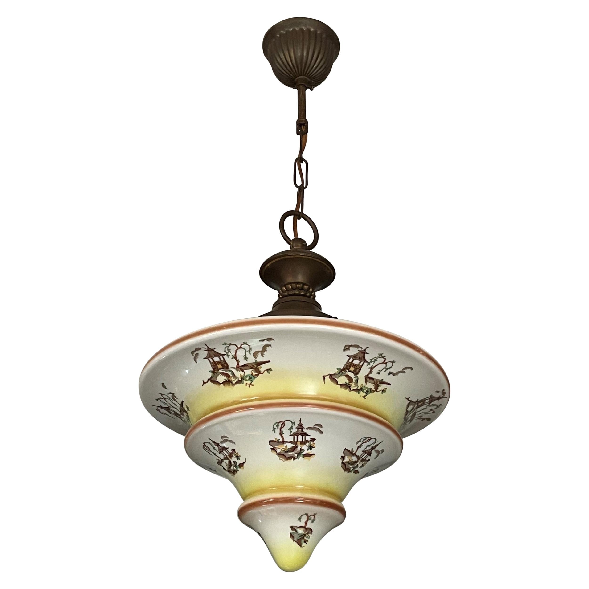 Art Deco Asian Style / Chinoiserie Pendant with Pagoda Graphics and Brass Canopy
