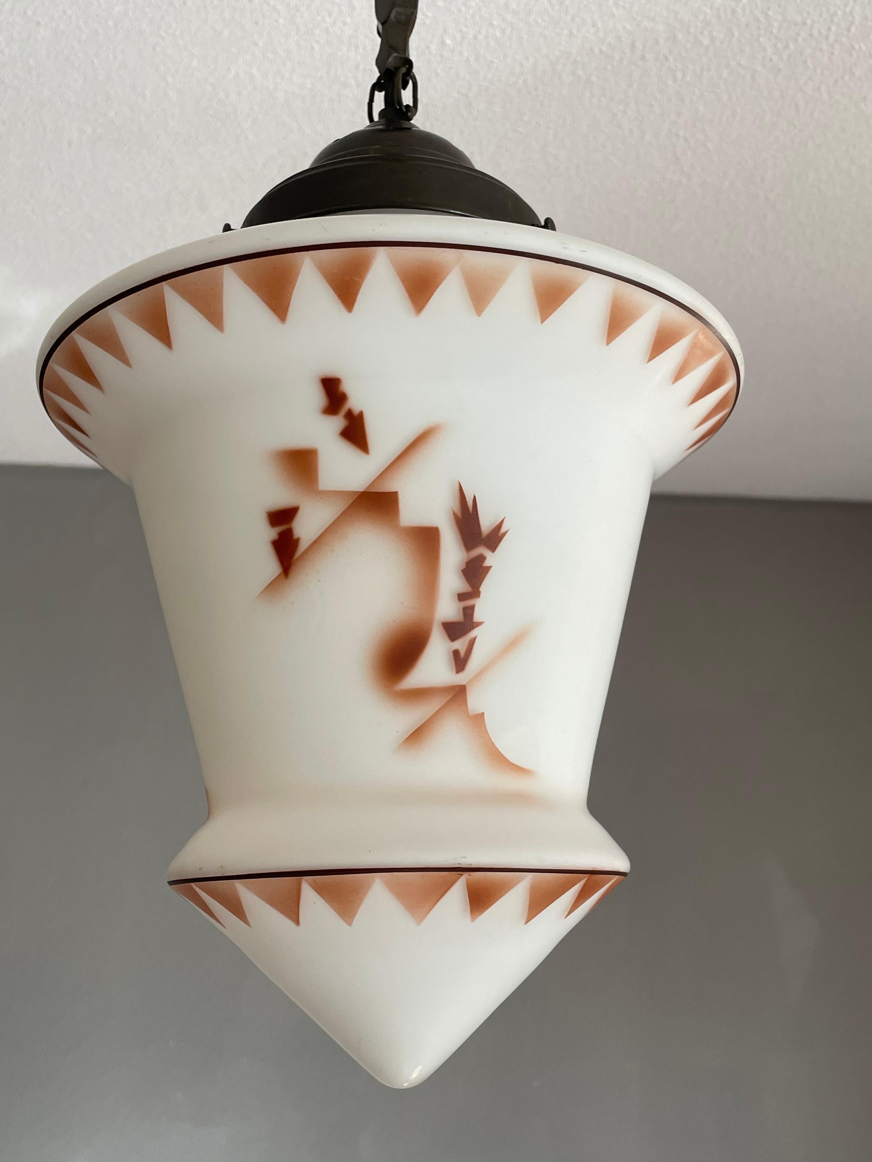 Art Deco Asian Style Lantern Pendant with Stylized Trees Graphics & Brass Canopy In Excellent Condition For Sale In Lisse, NL