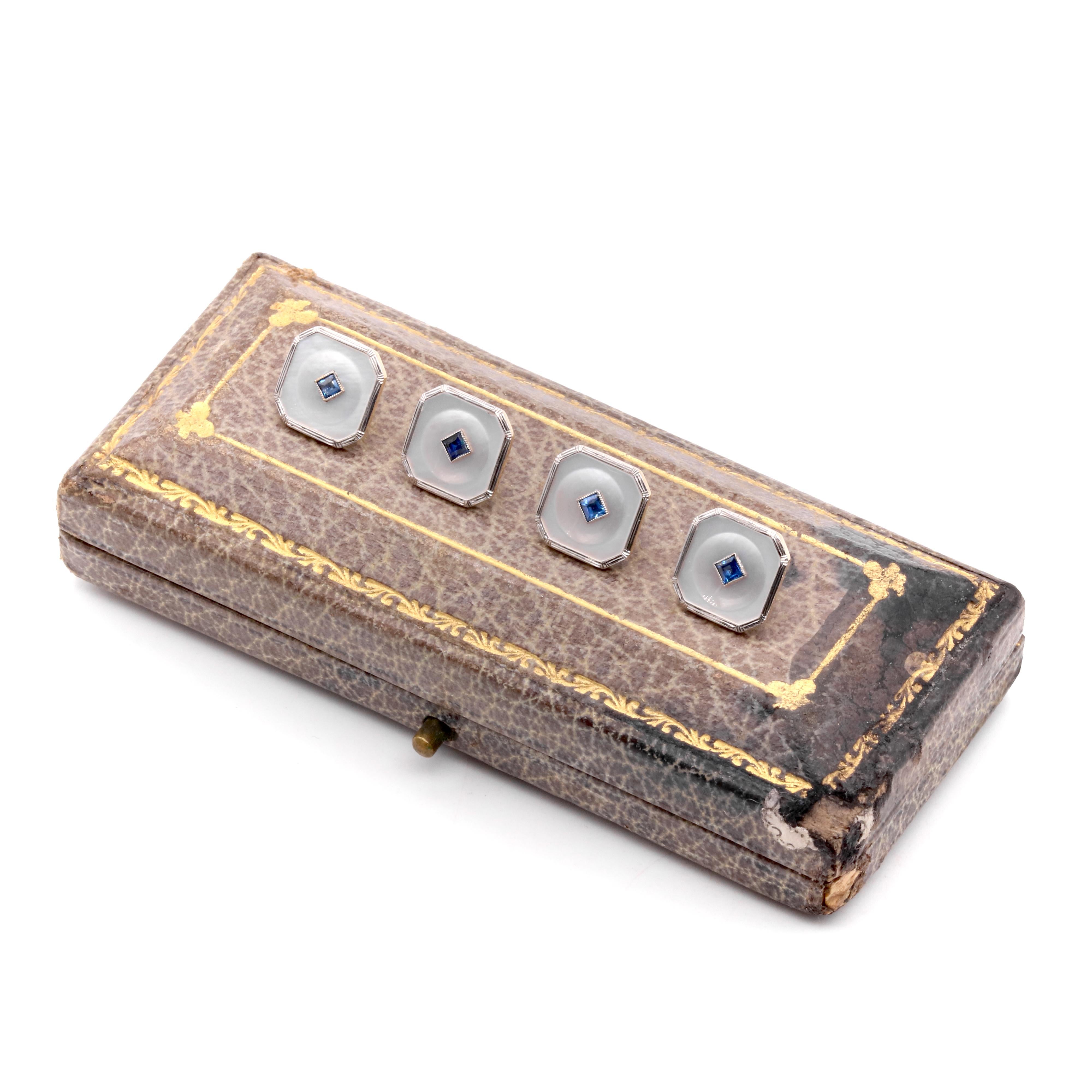 Square Cut Art Deco Asprey 18K Gold & Platinum Sapphire and Mother of Pearl Dress Studs