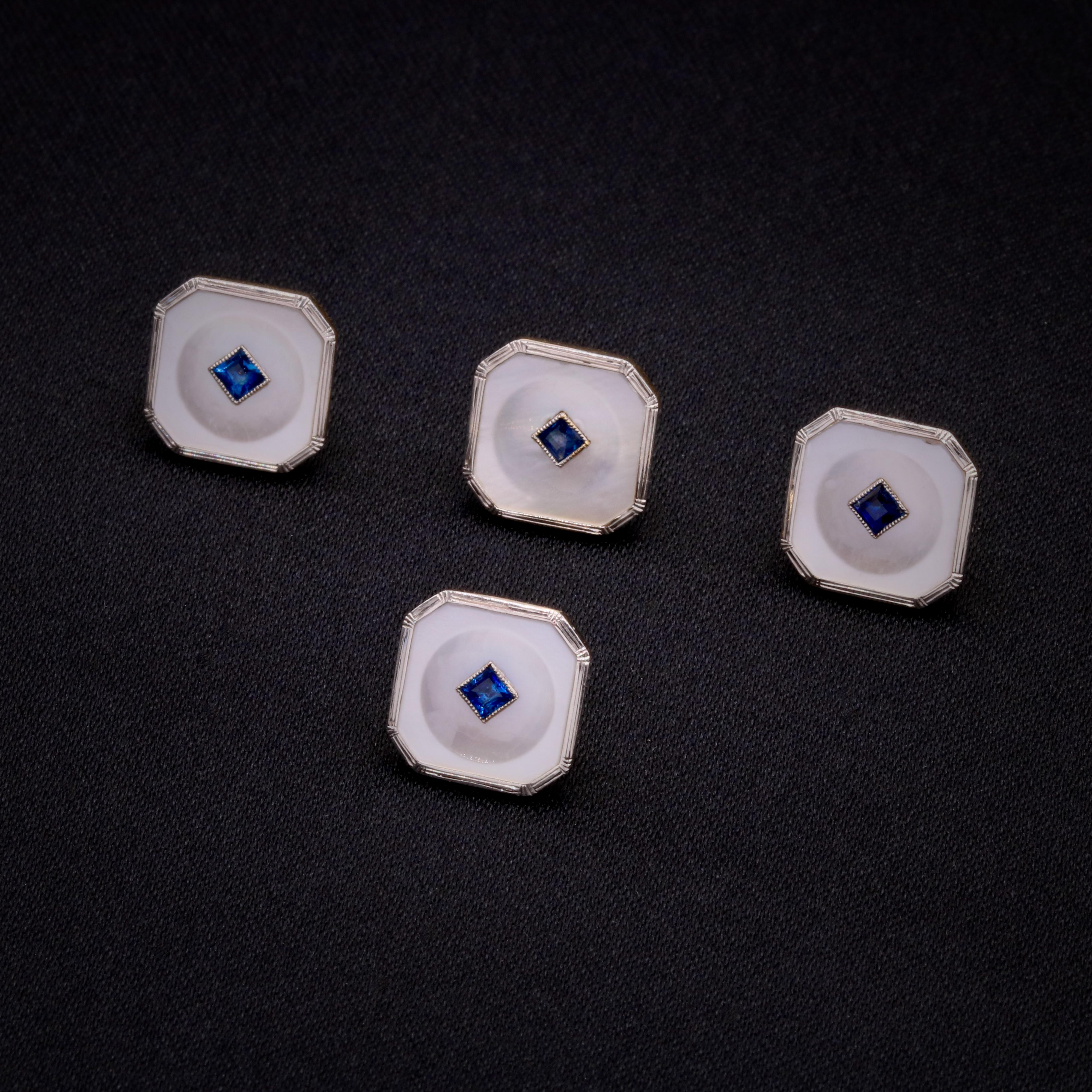 Art Deco Asprey 18K Gold & Platinum Sapphire and Mother of Pearl Dress Studs In Good Condition In Staines-Upon-Thames, GB