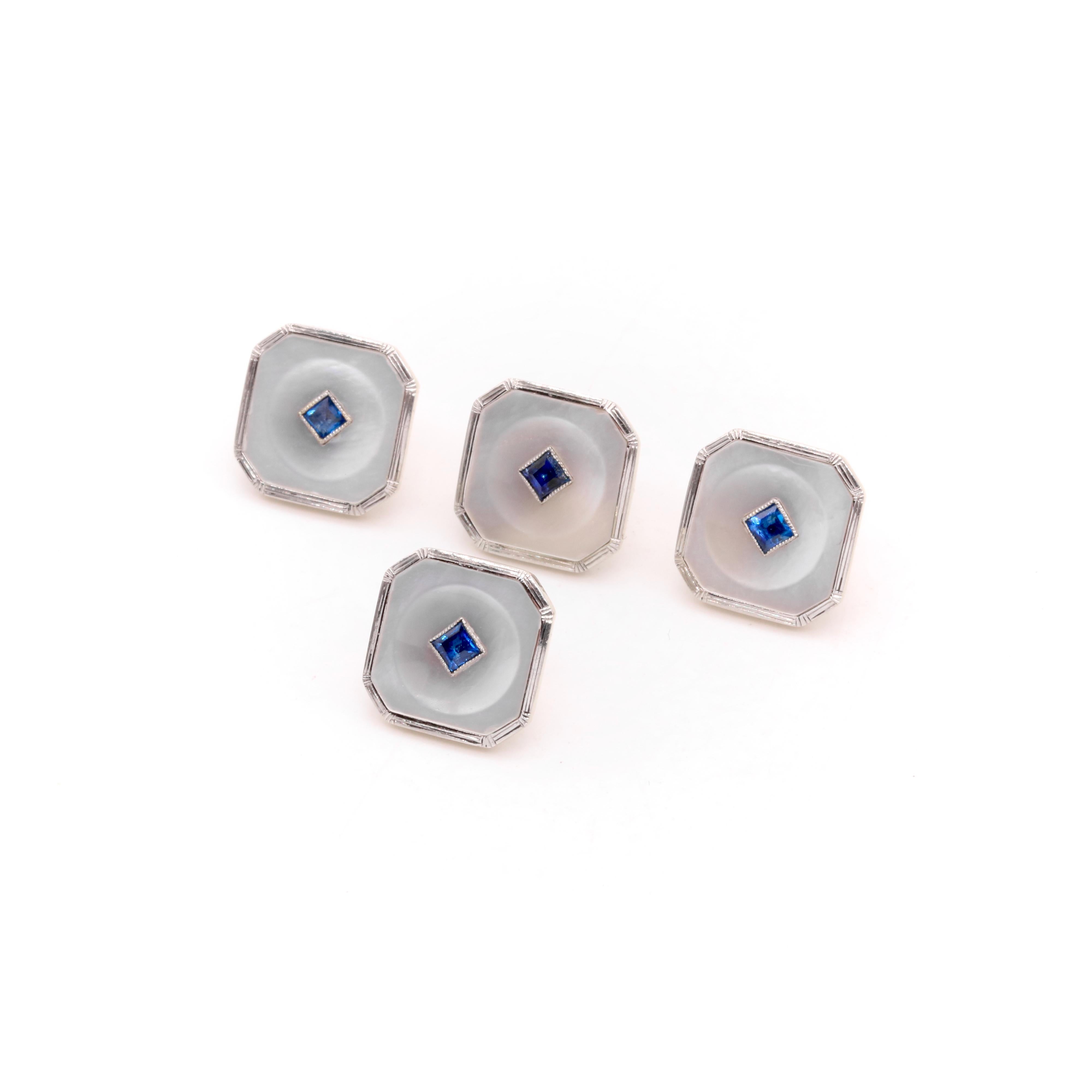 Women's or Men's Art Deco Asprey 18K Gold & Platinum Sapphire and Mother of Pearl Dress Studs
