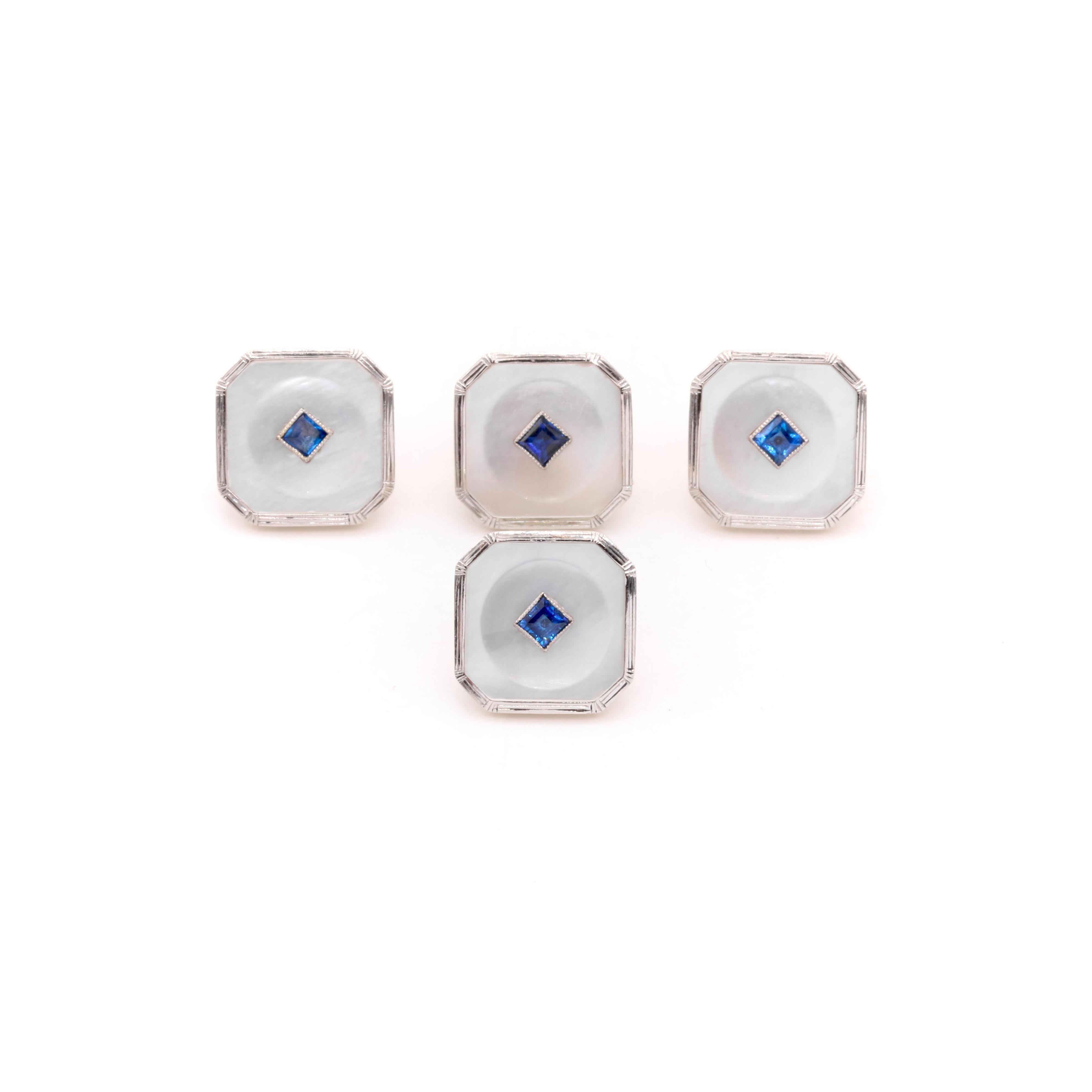 Art Deco Asprey 18K Gold & Platinum Sapphire and Mother of Pearl Dress Studs 1