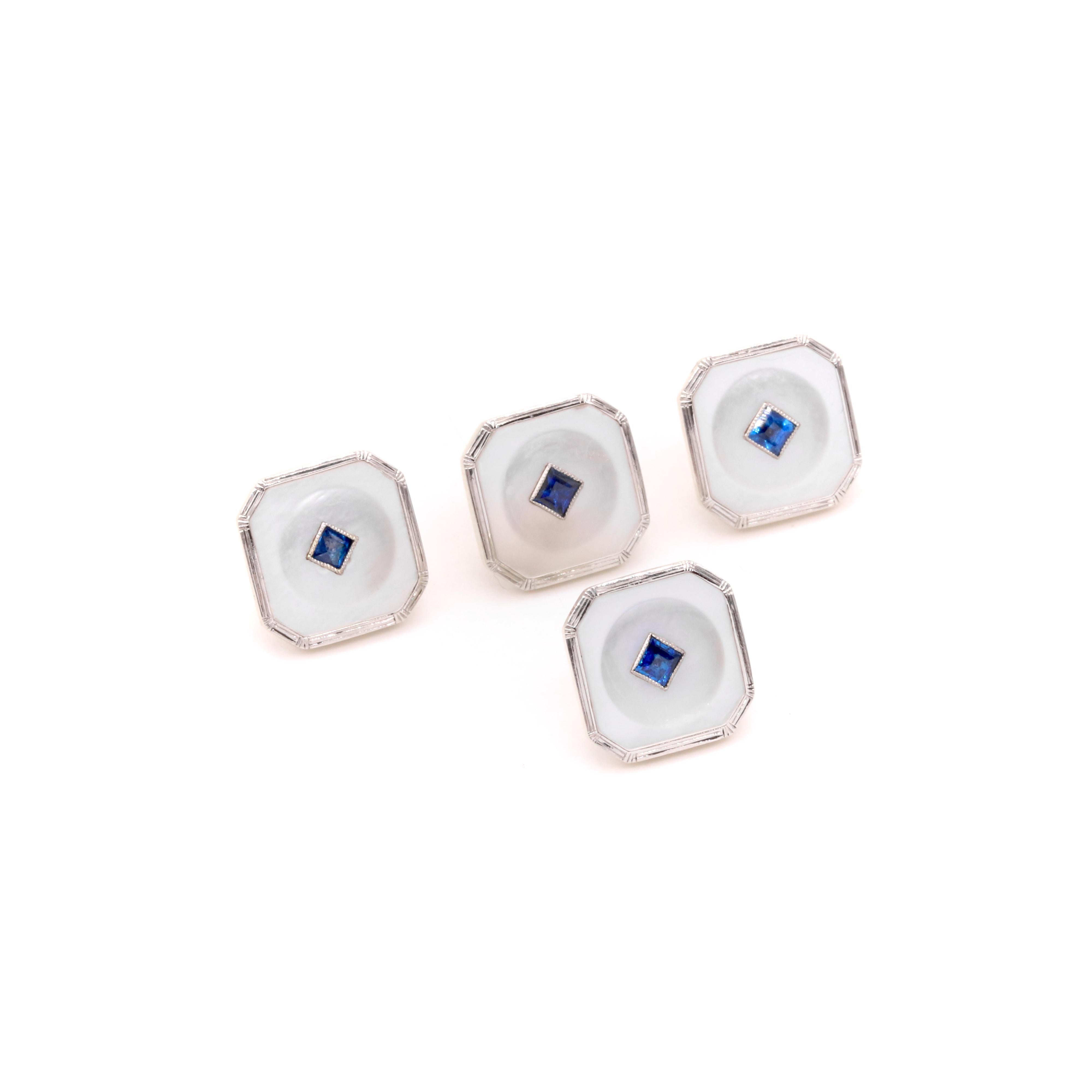 Art Deco Asprey 18K Gold & Platinum Sapphire and Mother of Pearl Dress Studs 2