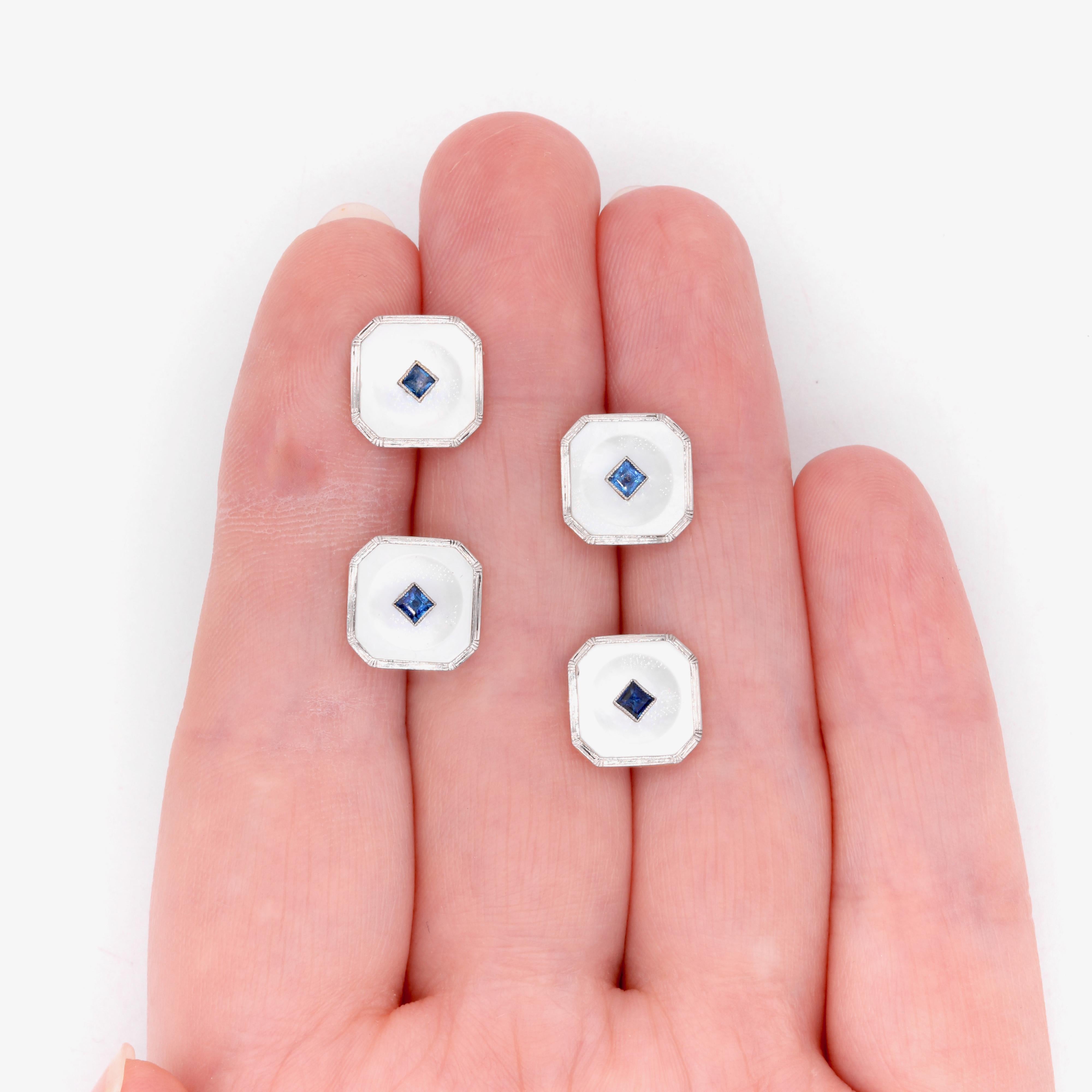 Art Deco Asprey 18K Gold & Platinum Sapphire and Mother of Pearl Dress Studs 4
