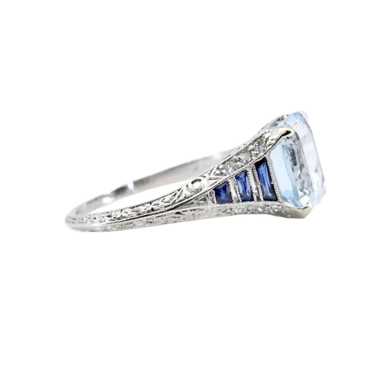 Women's Art Deco Asscher Cut Aquamarine, Sapphire, & Diamond Ring in Platinum For Sale