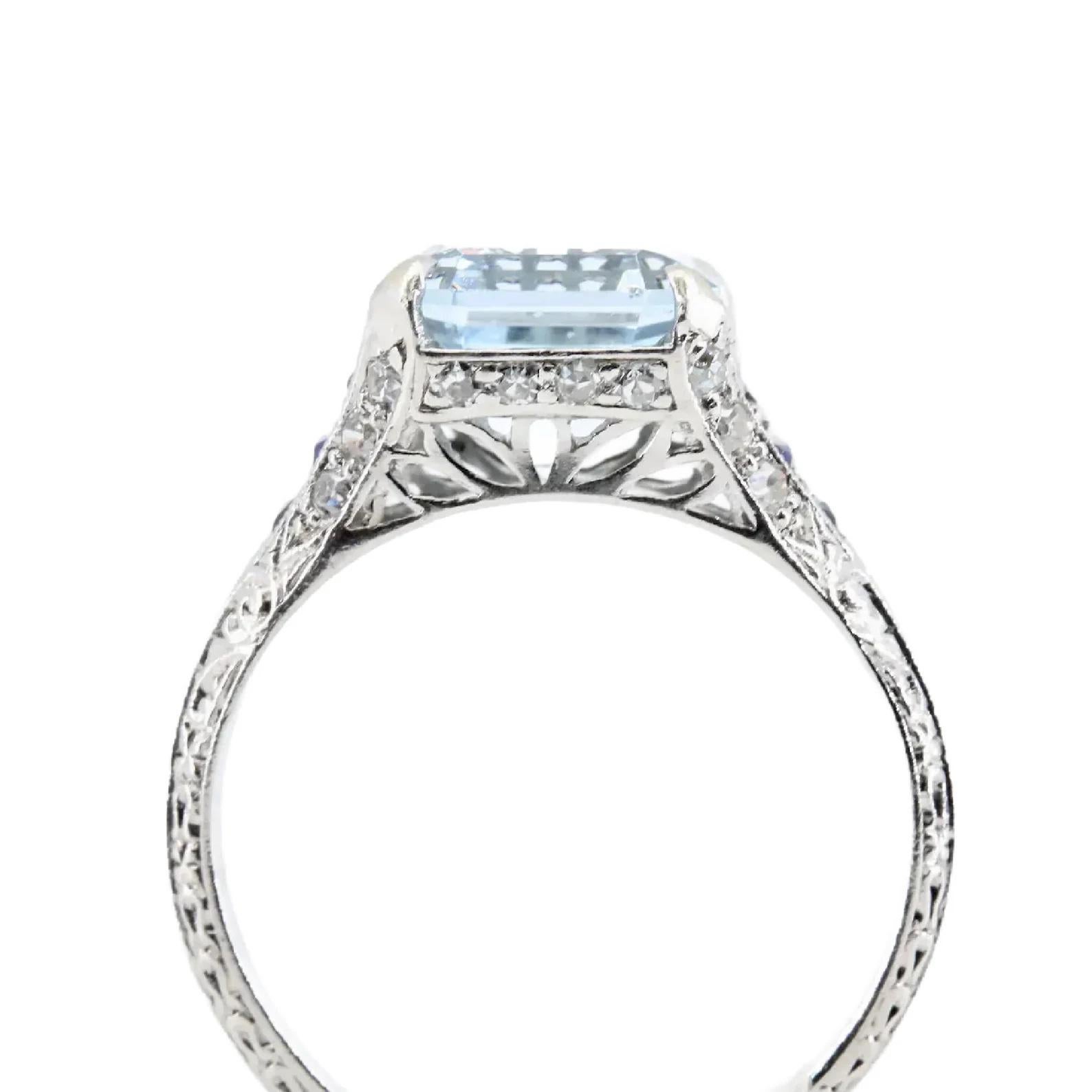 Art Deco Asscher Cut Aquamarine, Sapphire, & Diamond Ring in Platinum For Sale 1