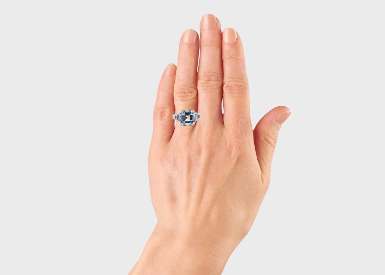 Art Deco Asscher Cut Aquamarine, Sapphire, & Diamond Ring in Platinum For Sale 2
