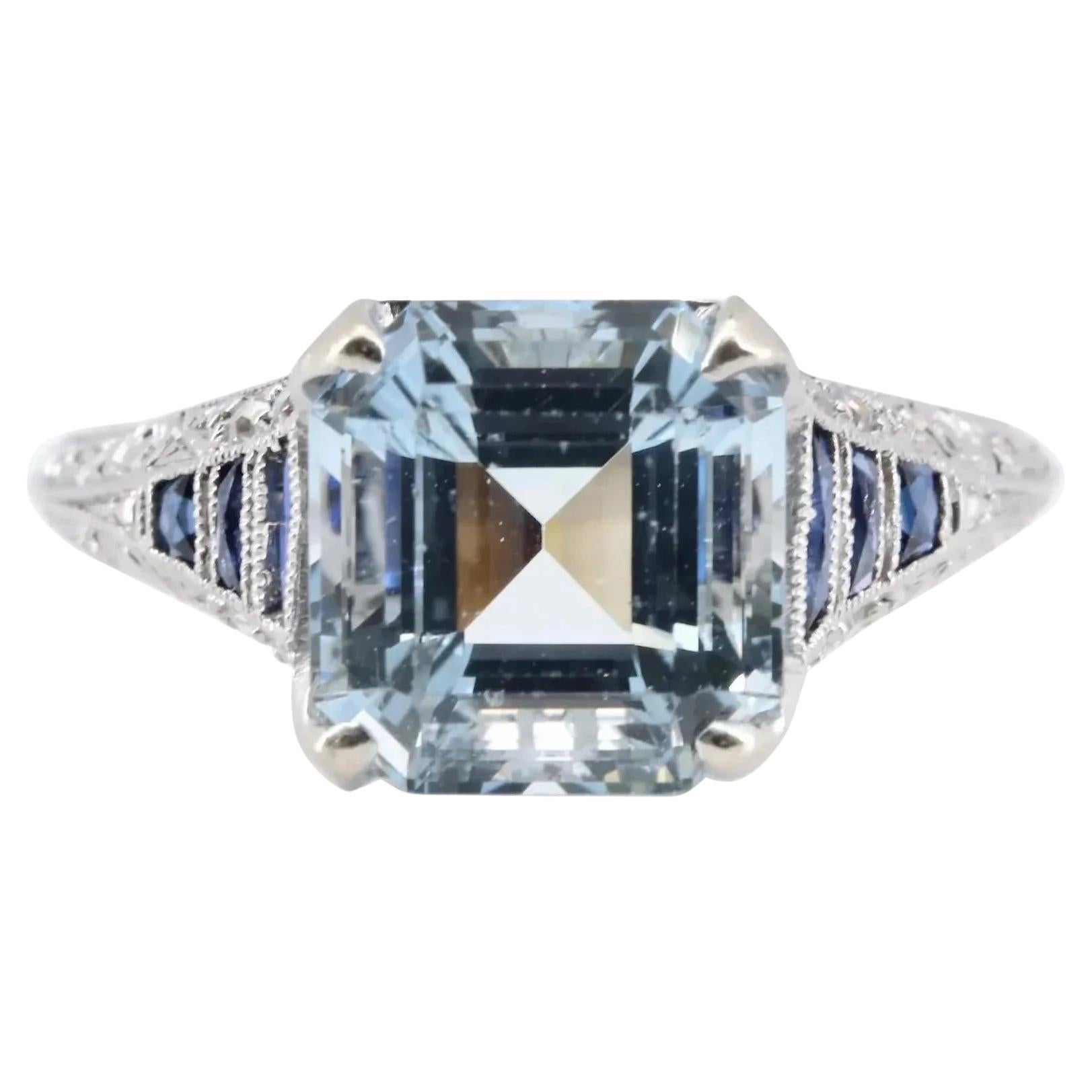 Art Deco Asscher Cut Aquamarine, Sapphire, & Diamond Ring in Platinum