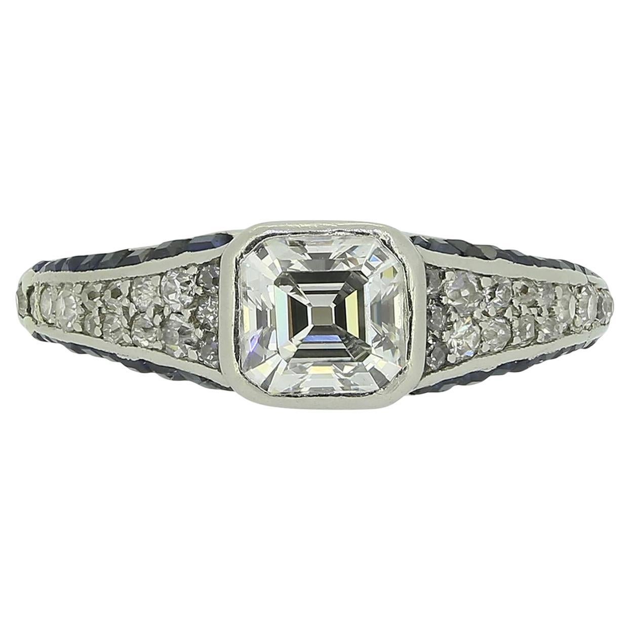 Art Deco Asscher Cut Diamond and Sapphire Ring