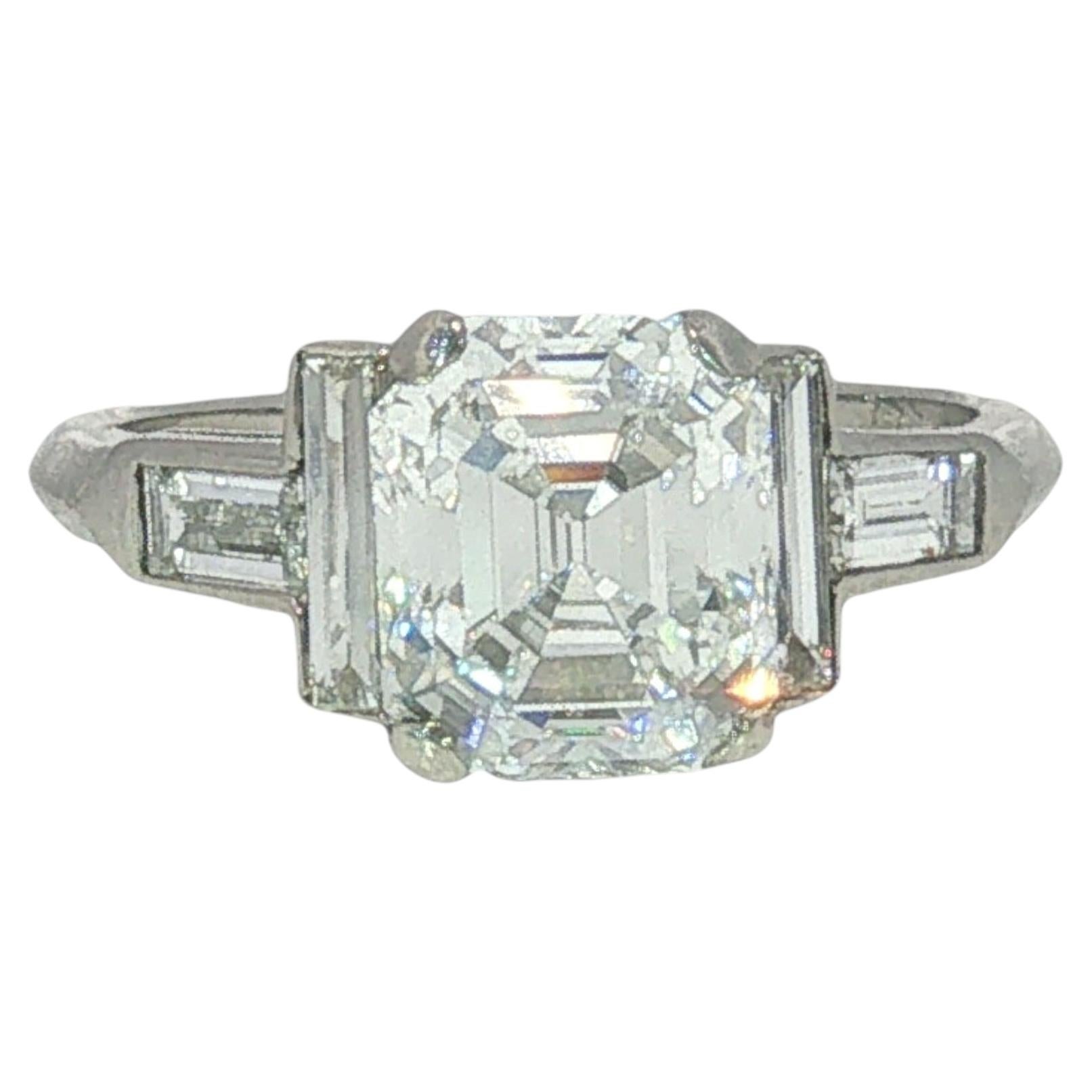 Art Deco Asscher Cut Diamond Platinum Engagement Ring GIA 2.9ct D IF