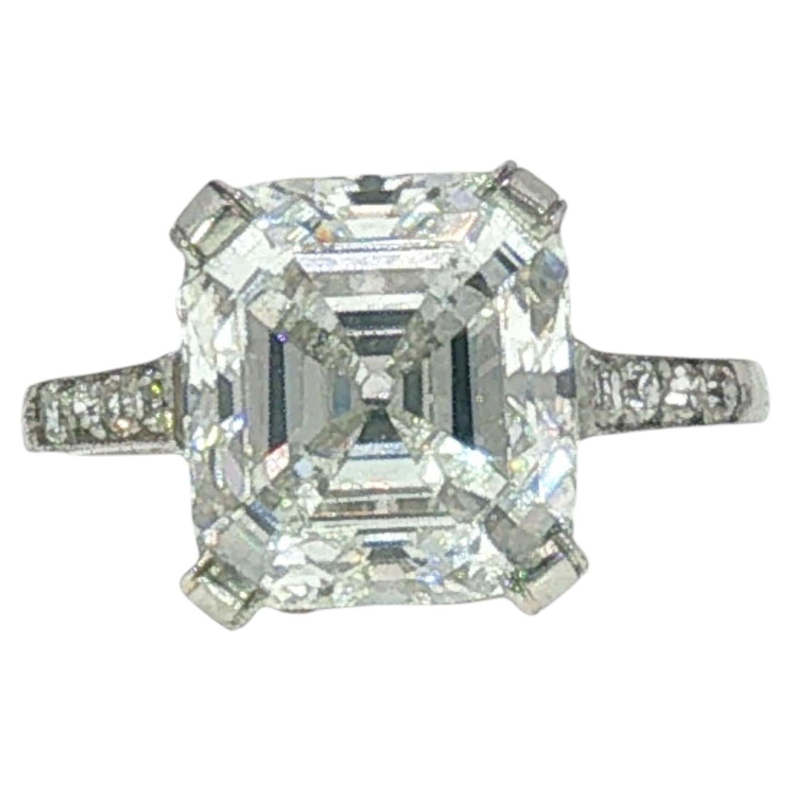 Art Deco Asscher Cut Diamond Platinum Engagement Ring GIA 4.09ct F VS1
