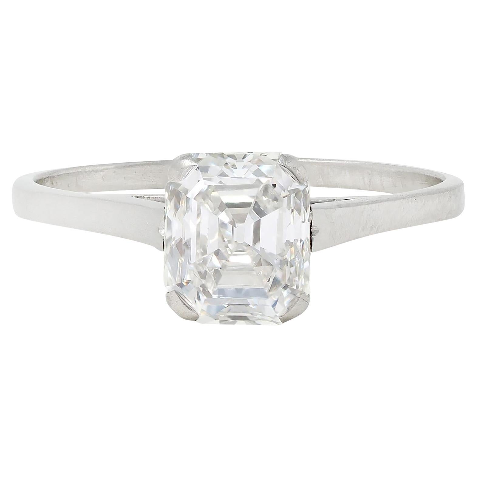 Art Deco Asscher Cut Diamond Platinum Vintage Solitaire Engagement Ring