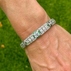Art Deco Asscher Cut & Old European Cut Diamond Emerald Platinum Bracelet