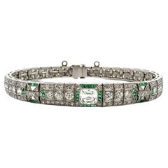 Art Deco Asscher Cut & Old European Cut Diamond Emerald Platinum Bracelet