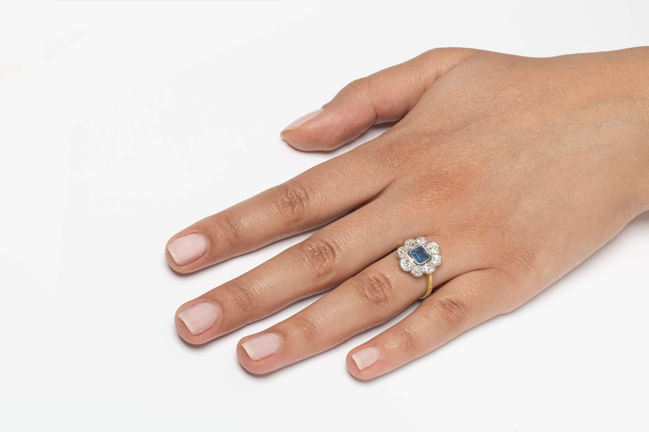 Women's or Men's Art Deco Asscher Cut Sapphire Diamond Ring circa 1920s For Sale
