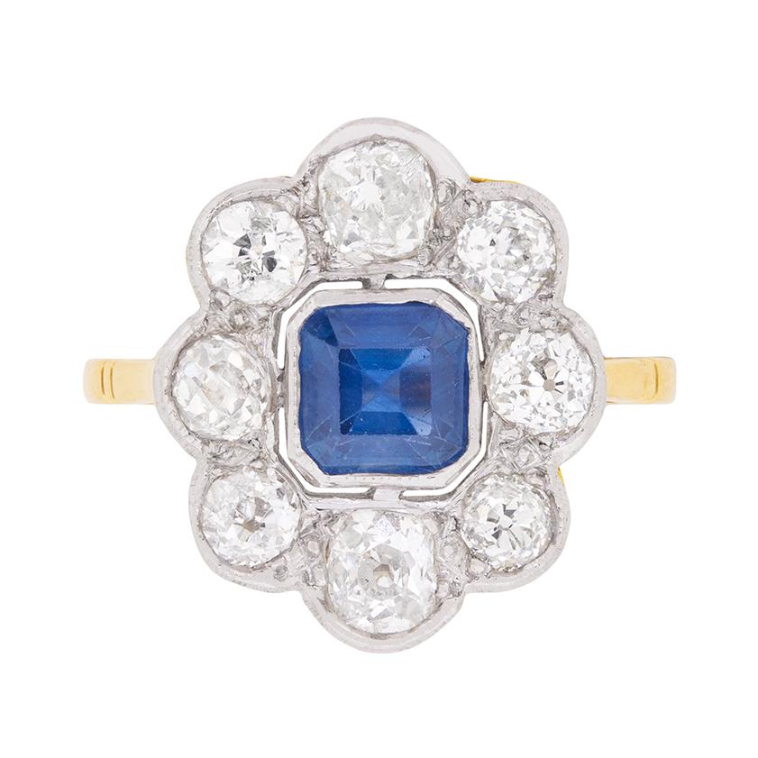 Art Deco Asscher Cut Sapphire Diamond Ring circa 1920s For Sale