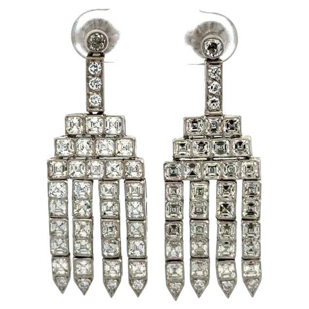 Art Deco Asscher Diamond and OEC Diamond Platinum Statement Chandelier Earrings