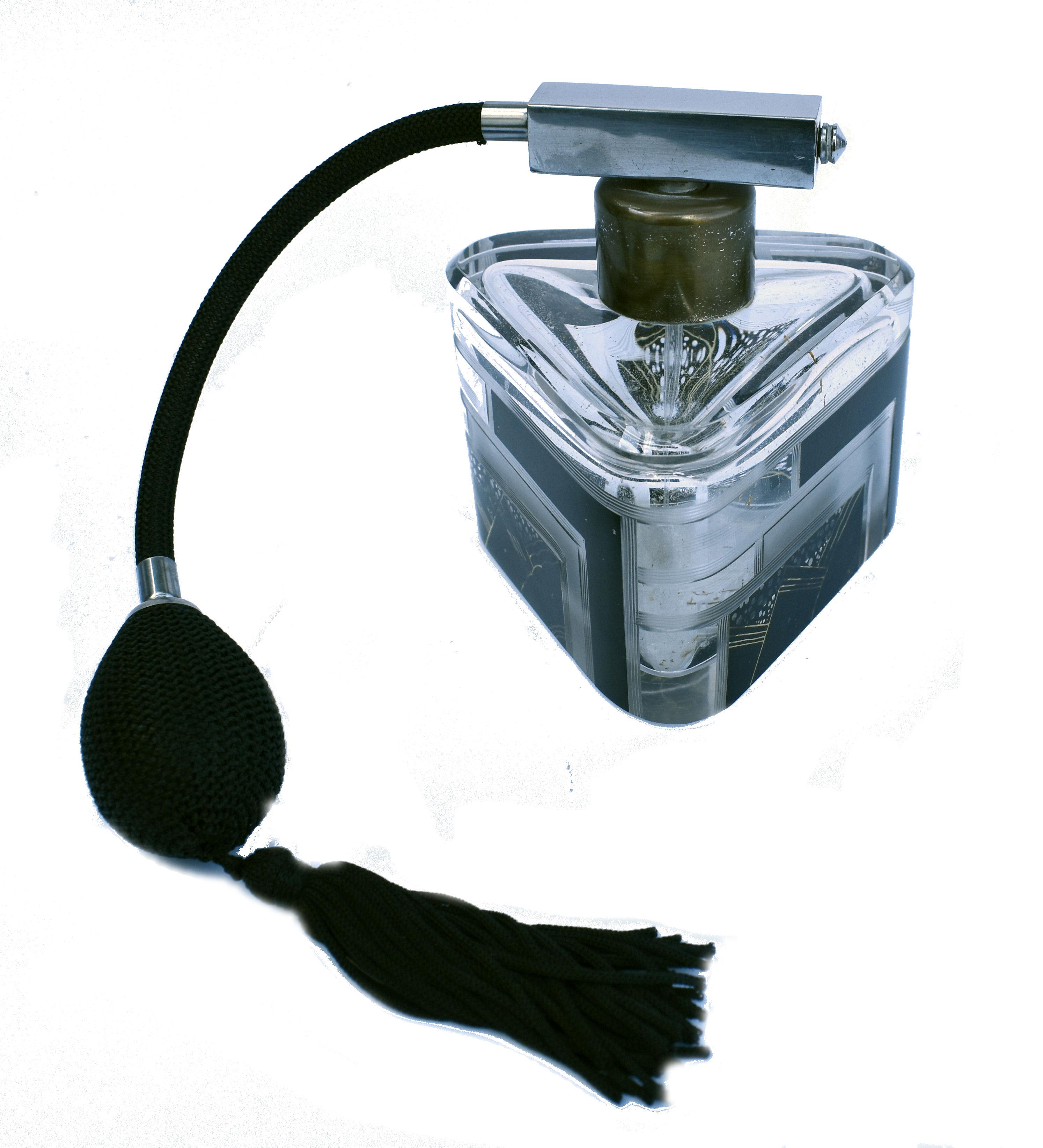 Czech Art Deco Atomizer Perfume Glass Bottle, 1930's