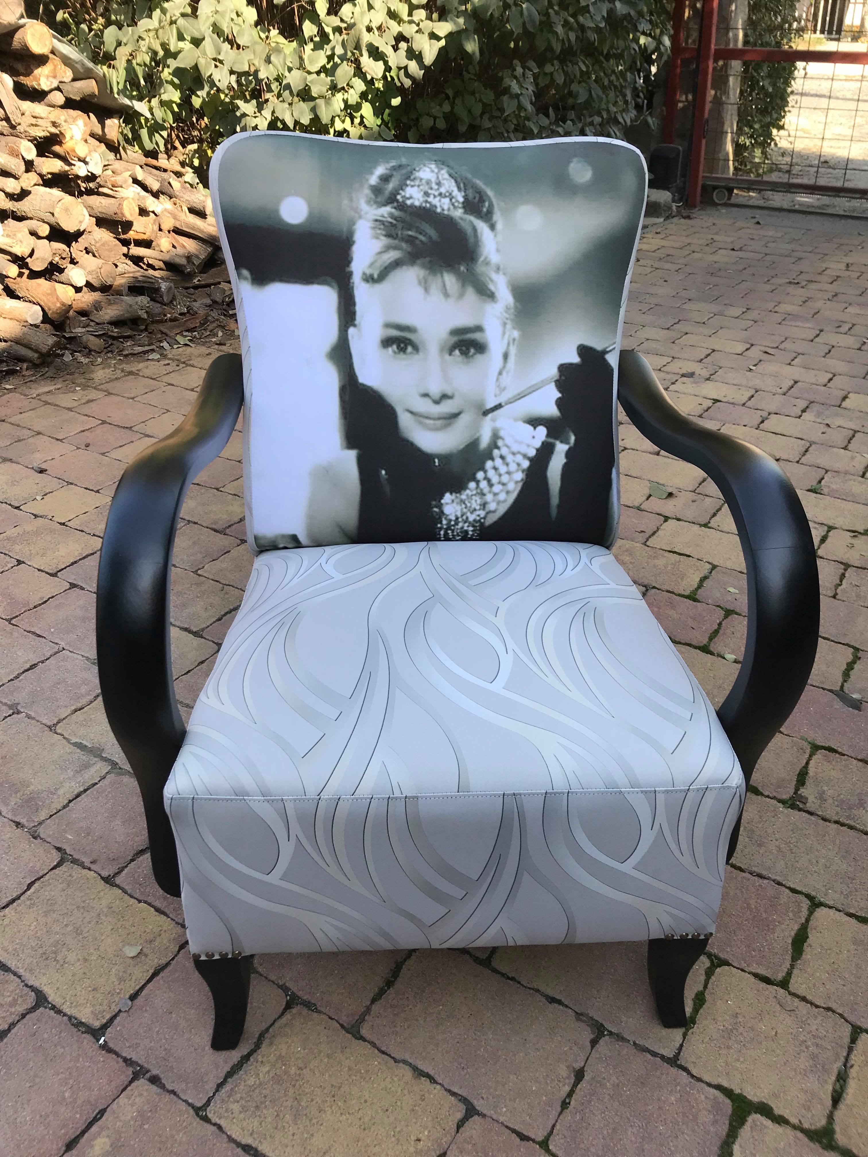 Art deco Audrey Hepburn Art Deco armchair, circa 1920s
 Restored and re-upholstered.
Lacquered, printed and hand colored.
They are period 1920s to 1930s art deco chairs, they are not reproduction or 'in the style of', these are the real thing!