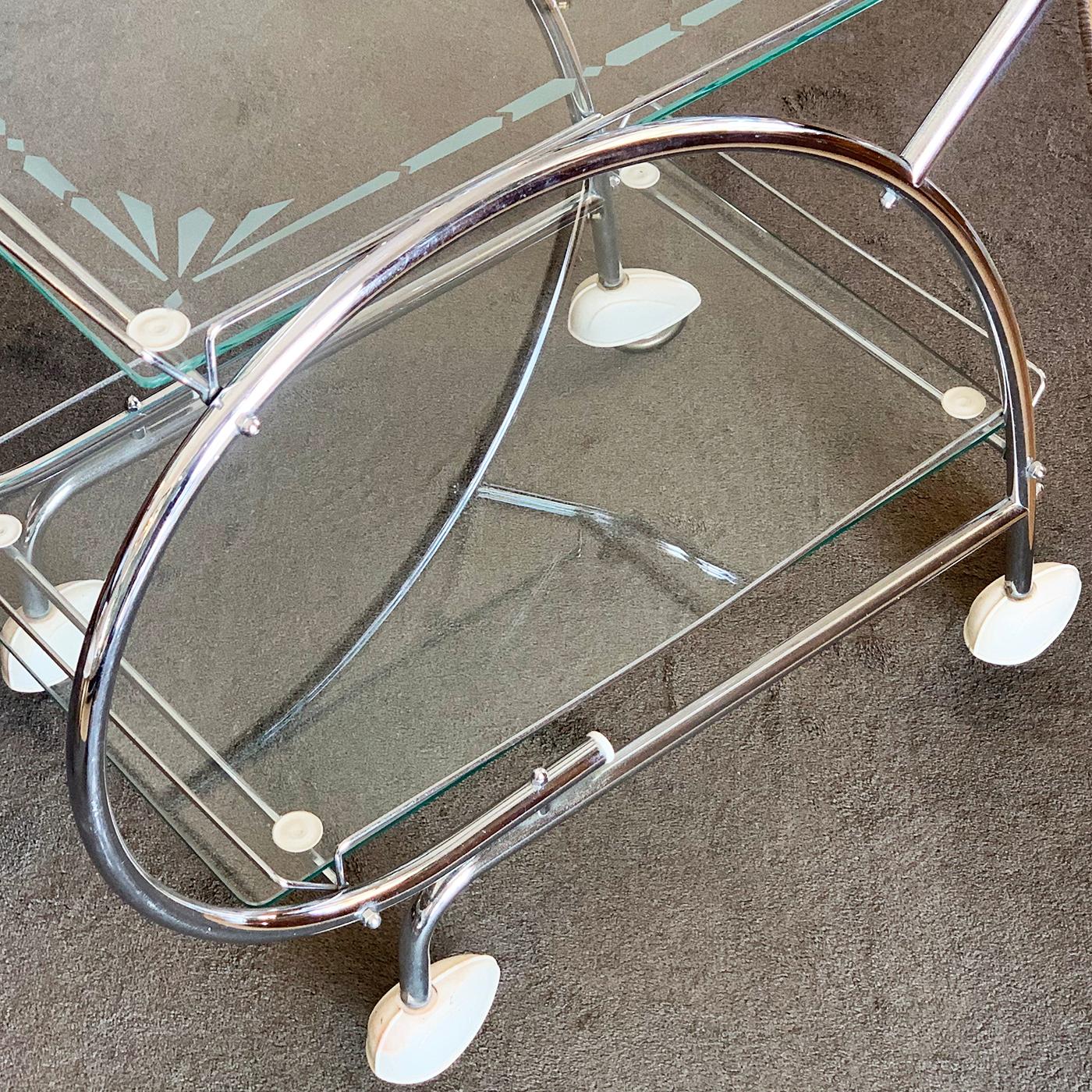 Early 20th Century Art Deco Australian Chrome and Etched Glass Bar Cart Auto Trolley