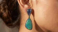 Art Deco Australian Opal Doublet & Tanzanite Dangle Earrings in Silver & 18KGold