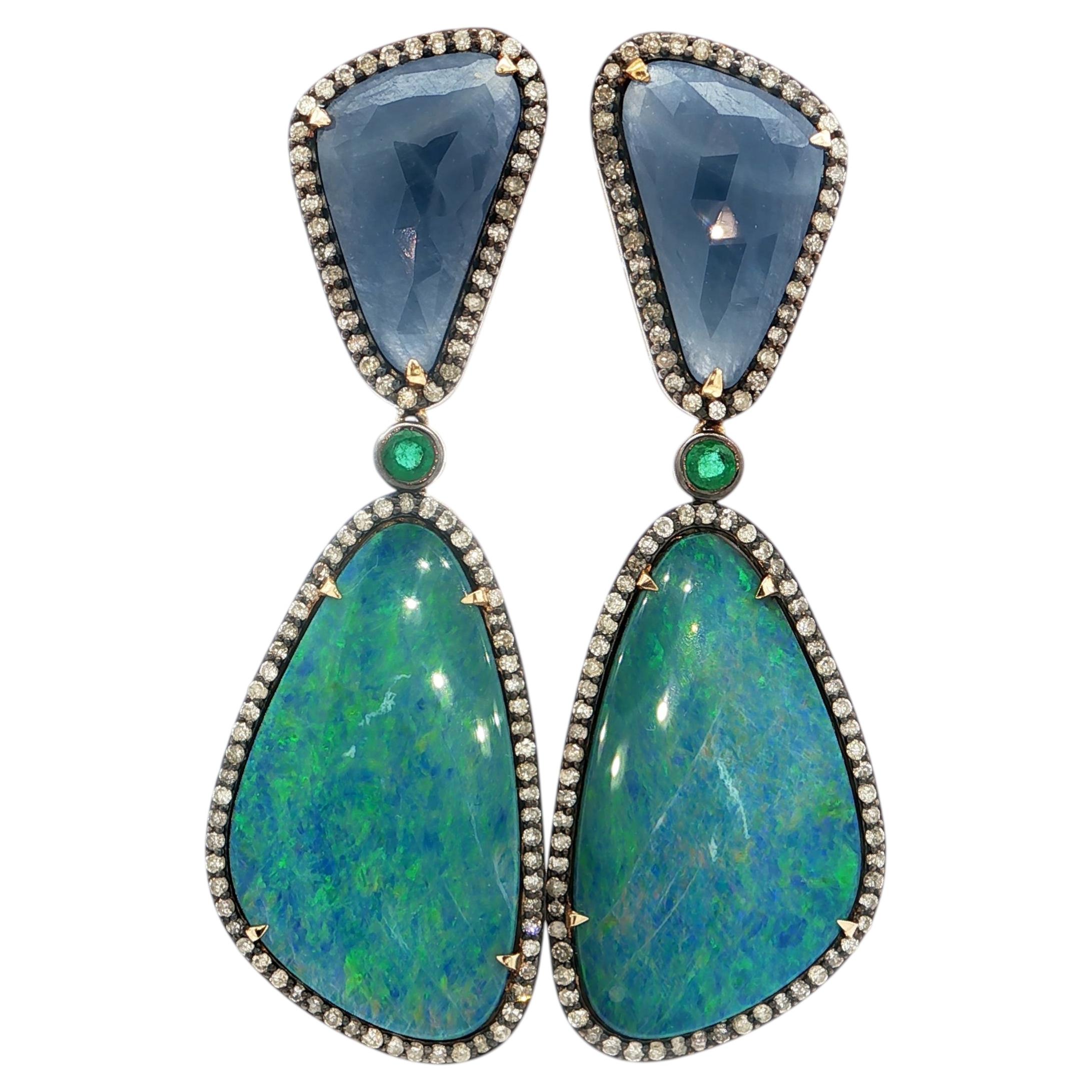 Art Deco Australian Opal Doublet & Tanzanite Dangle Earrings in Silver & 18KGold