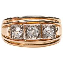 Vintage Art Deco, Austrian, 14 Karat Yellow Gold, Three-Stone Diamond Cocktail Ring