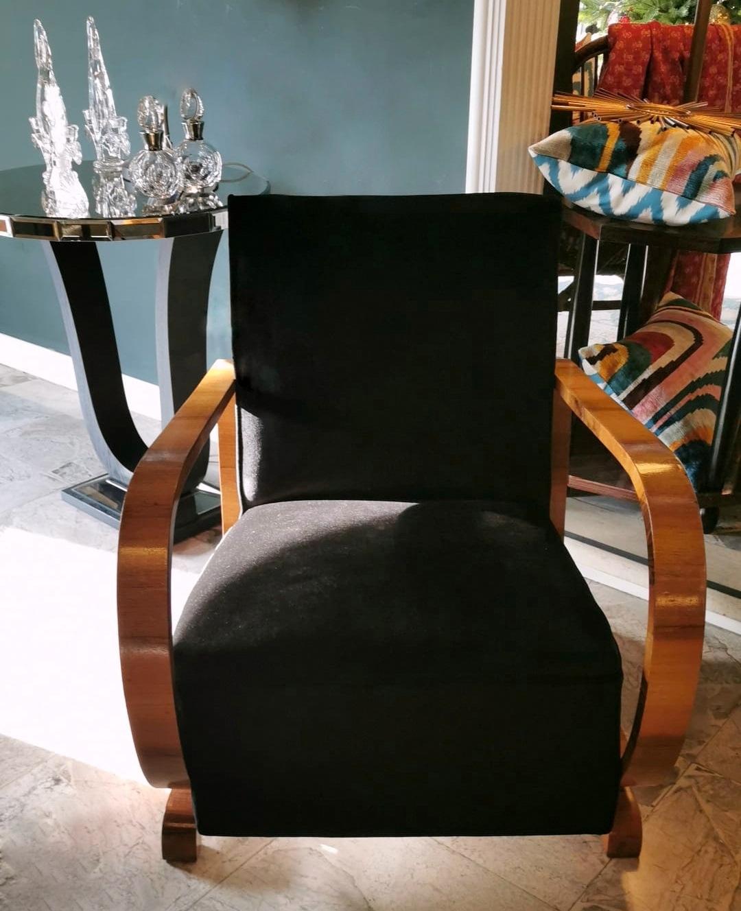 Art Deco Austrian Armchair in Walnut and Black Velvet  10