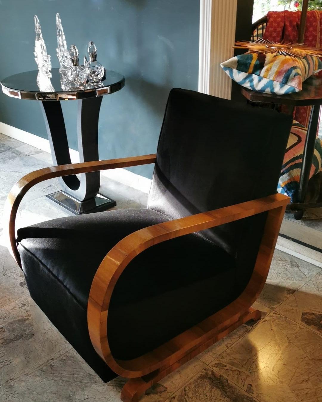Art Deco Austrian Armchair in Walnut and Black Velvet  11