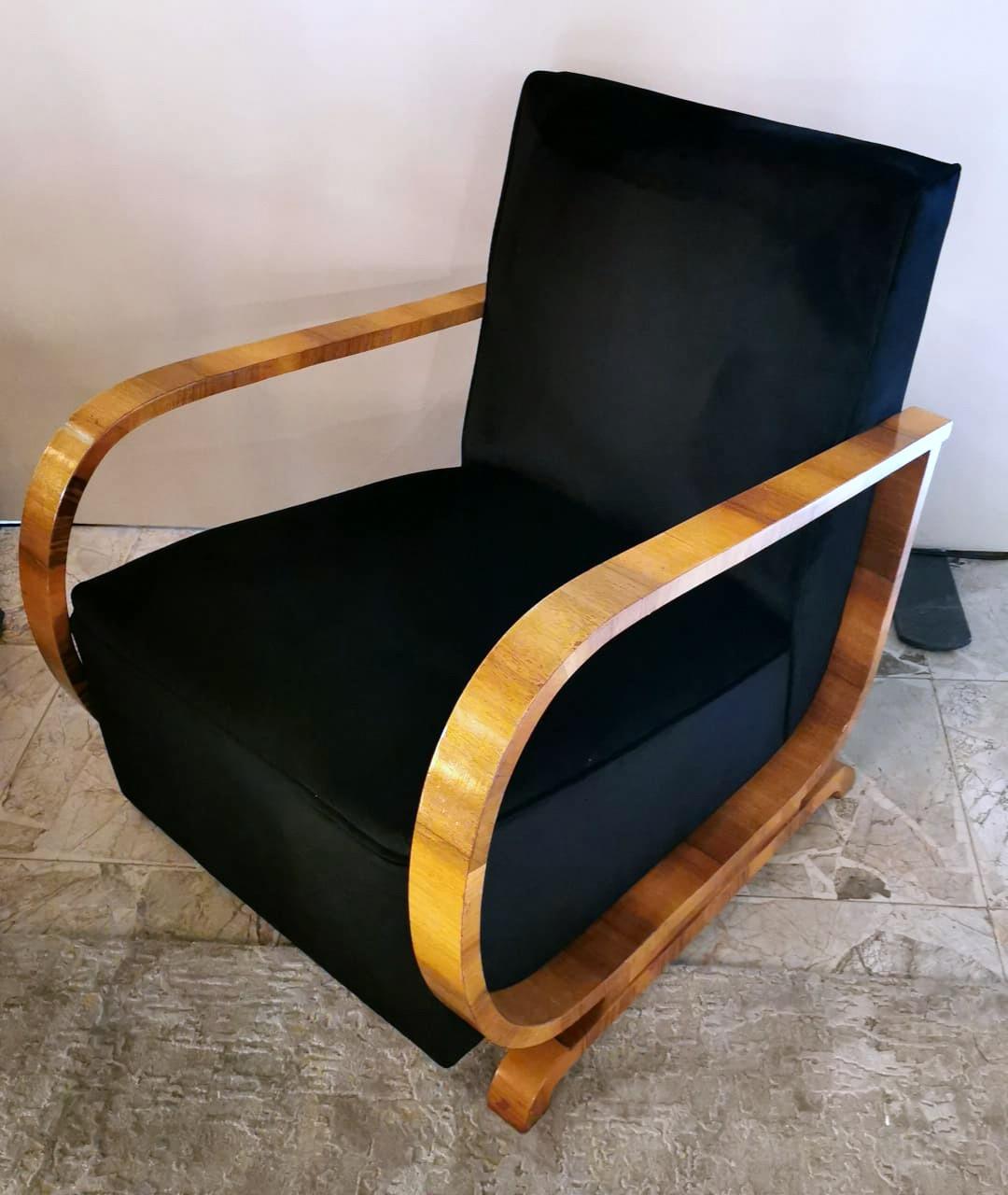 Polished Art Deco Austrian Armchair in Walnut and Black Velvet 