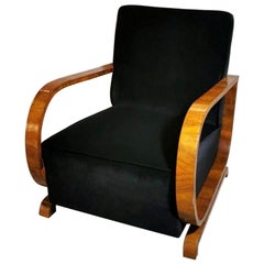 Antique Art Deco Austrian Armchair in Walnut and Black Velvet