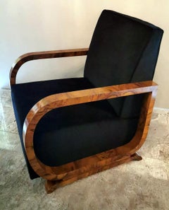 Art Deco Austrian Armchair in Walnut Burl and Black Velvet