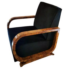 Art Deco Austrian Armchair in Walnut Burl and Black Velvet