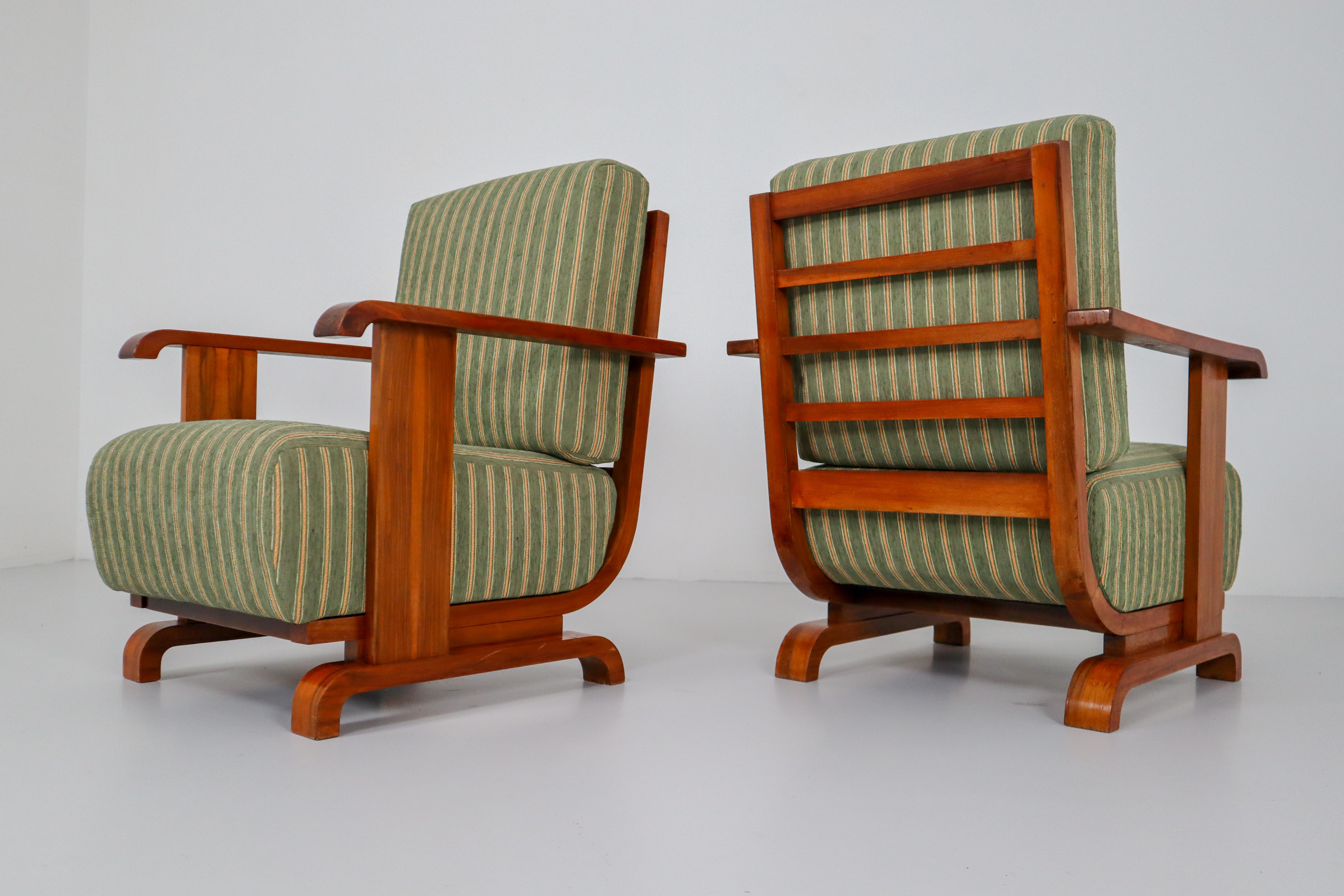 Art Deco Austrian Armchairs from Vienna in Walnut and Olive Green Velvet Blend 9
