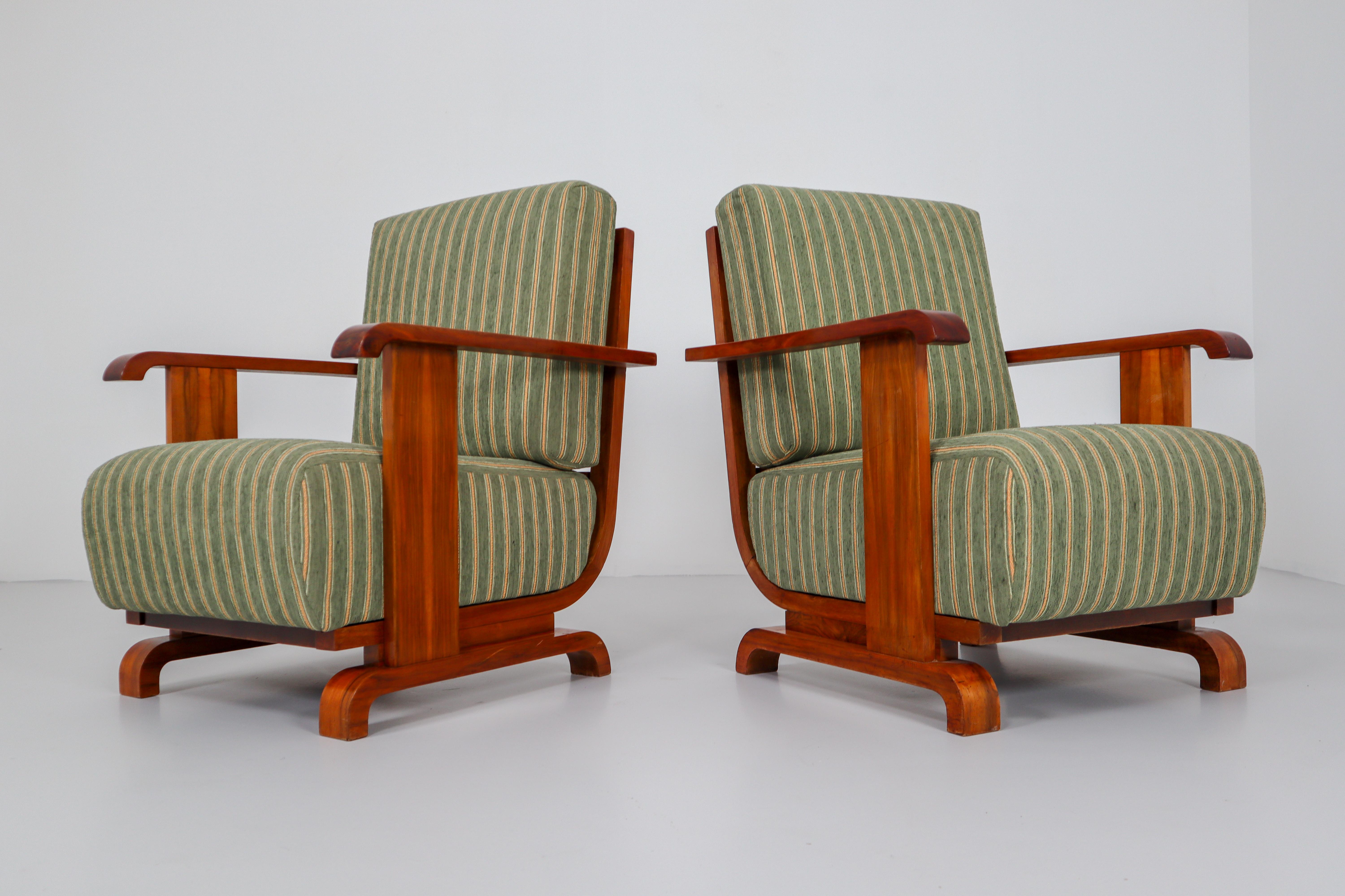 Art Deco Austrian Armchairs from Vienna in Walnut and Olive Green Velvet Blend 10