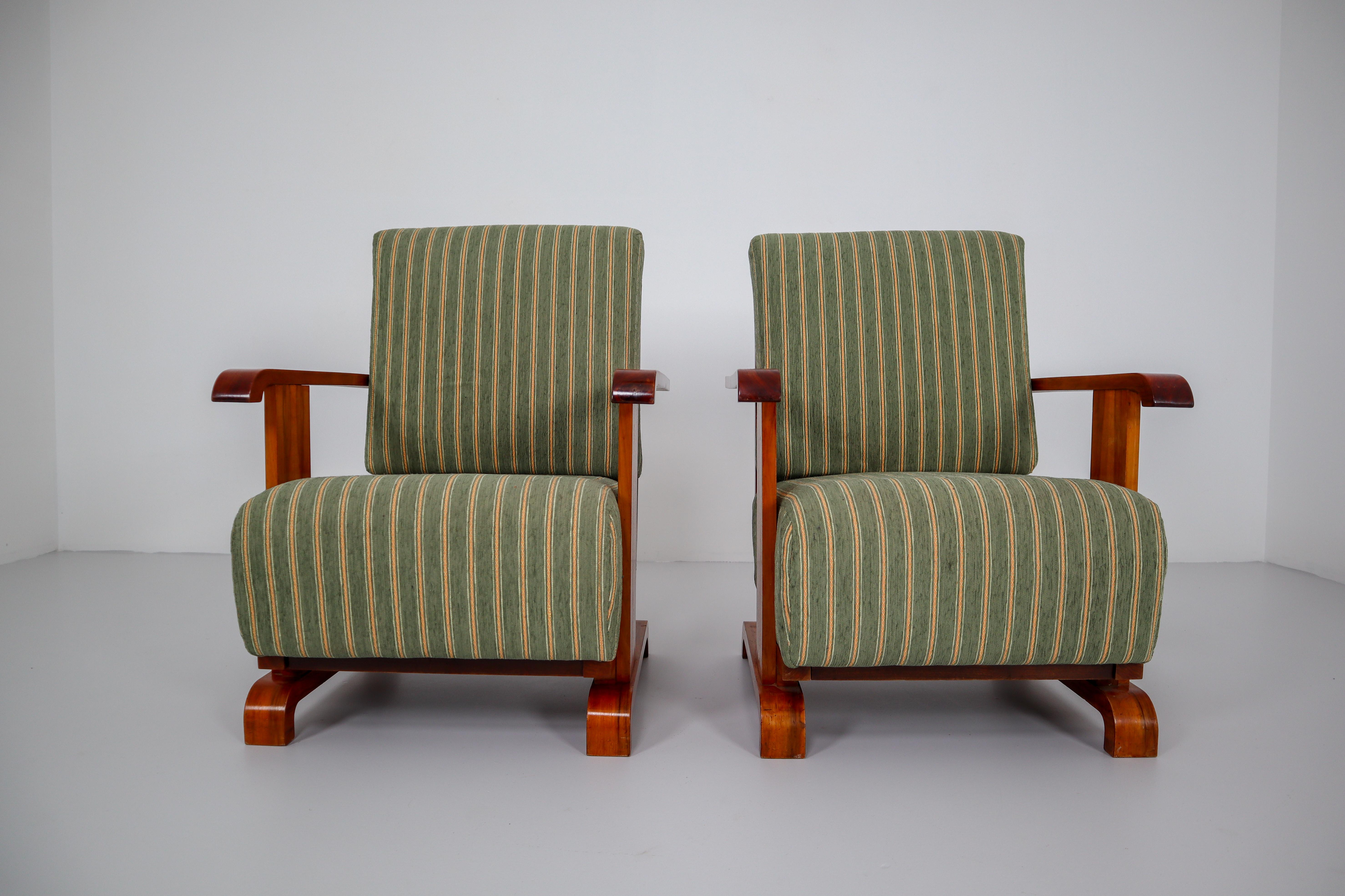 Art Deco Austrian Armchairs from Vienna in Walnut and Olive Green Velvet Blend 4